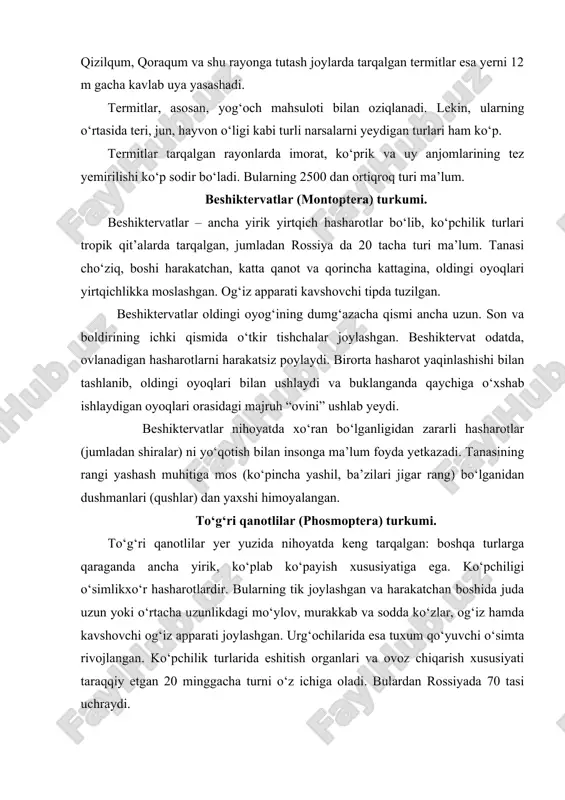 rang) bo‘lganidan dushmanlari (qushlar) dan yaxshi himoyalangan. to‘g‘ri qanotlilar (phosmoptera) turkumi. to‘g‘ri qanotlilar yer yuzida nihoyatda keng tarqalgan: boshqa turlarga qaraganda ancha yirik, ko‘plab ko‘payish xususiyatiga ega. ko‘pchiligi o‘simlikxo‘r hasharotlardir. bularning tik joylashgan va harakatchan boshida juda uzun yoki o‘rtacha uzunlikdagi mo‘ylov, murakkab va sodda ko‘zlar, og‘iz hamda kavshovchi og‘iz apparati joylashgan. urg‘ochilarida esa tuxum qo‘yuvchi o‘simta rivojlangan. ko‘pchilik turlarida eshitish organlari va ovoz chiqarish xususiyati taraqqiy etgan 20 minggacha turni o‘z ichiga oladi. bulardan rossiyada 70 tasi uchraydi. bu kichik turkumga mansub turlarining hammasida mo‘ylovlar juda uzun, eshitish organi oldingi oyoqlarining son qismiga joylashgan. qora chigirtkalar haqiqiy chigirtkalardan kichikroq, ko‘pincha qora, ba’zi turlari ko‘kish yoki jigar rang, kuchli ovoz chiqaradi (chiyillash). ko‘pchiligi kech kirishi bilan aktivlashadi. bular ovozni chap qanotidagi “kamoncha” (tishchalar) ni o‘ng qanotining “oynakcha” pardasiga ishqash yo‘li bilan chiqaradi. 4 bo‘g‘imli; tuxum qo‘yuvchi o‘simtalari har xil. ba’zilarida o‘roqsimon qayrilgan. eshitish organi xitin parda va unga tutashgan nerv …