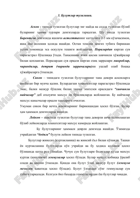 истемаси туркумланиши. хозирги даврда фанга маълум бўлган булутлар учта синфни: оҳакли булутлар, шишасимон булутлар ва оддий булутларни ўз ичига олади. оҳакли булутлар синифига мансуб булутларнинг ҳамма турлари саёз денгизларда яшайди. улар аскон, сикон ёки лейкон типида тузилган булиб, тўғри, учамак ёки тўртамак шаклда, кўпинча эркин жойлашган. шишасимон булутлар синфига мансуб булутларнинг танаси турли шаклда бўлиб, бирмунча йирик (150 см гача). ҳамма турлари деярли денгиз ва океанларнинг катта чуқурликларда учрайди. мезоглея қисми яхши ривожланган, лейкон типида тузилган мазкур булутларнинг скелети кремний окседидан иборат бўлиб, жуда хилма-хил мураккаб шаклларда бўлади. оддий булутлар синфининг вакиллари энг кўп тарқалган бўлиб, баъзи турлари чучук сув ҳавзаларида яшайди. ҳамма турлари лейкон типида тузилган, хилма-хил шаклда ва ҳар хил катта-кичикликда бўлади. булар ўртасида айниқса кремний – органик скелетлилар туркуми алоҳида аҳамиятга эга. спонгин скелетли булутларнинг скелети мураккаб “тўқилган” эластик – қайишқоқ спонгин моддасидан тузилган; баъзилари бирмунча йирик, юмалоқроқ ёки “нотўғри” (ҳаводаги парча булутга ўхшаш) шаклларда бўлади. кўпчилиги …