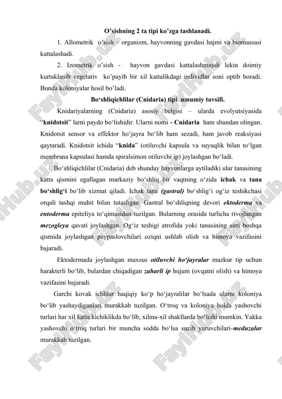 jon poliplar – tashqi tomondan ma’lum darajada gidroid poliplarga o‘xshash, o‘troq kovak ichlilar bo‘lib, ba’zi turlari yakka holda; ko‘pchiligi esa koloniya bo‘lib yashaydi. bular uchun tananing bir muncha murakkablashganligi, jumladan gastral bo‘shlig‘ida maxsus iskanalar va cho‘ntakcha (karmoncha)lar hosil bo‘lganligi, og‘iz teshigi bilan gastral bo‘shlig‘ini tutashtiruvchi ektodermal halqum bo‘lishi harakterlidir. gastral bo‘shlig‘i atrofidagi entodermal iskanalar devorida otiluvchi juda ko‘p ho‘jayralar saqlovchi mezenteriya iplarining mavjudligi, paypaslovchilarining sakkizta yoki ko‘p bo‘lishi, ko‘pchilik turlarida ektodermadan yoki mezogleya qavatida hosil bo‘luvchi ohak skelet mazkur sinf uchun o‘ziga xos hususiyatlardir. koralli poliplarda meduzasimon erkin yashovchi avlodlar bo‘lmaydi. 6000 dan ortiq turni birlashtiruvchi mazkur sinfning hamma vakillari faqat ochiq (okean bilan tutash) dengizlarda yashaydi. bular ikkita kenja sinfga bo‘linadi. 1. olti nurli korallar. 2. sakkiz nurli korallar. aktiniya tuzilishi va hayoti. yakka yashovchi olti nurli polip aktinialarning ba’zi kichikroq turlar qora dengiz sohillarida, bir necha turlari uzoq sharq dengizlari va barens dengizi sohillarida uchraydi. aktinia g‘o‘lasimon tanasining …