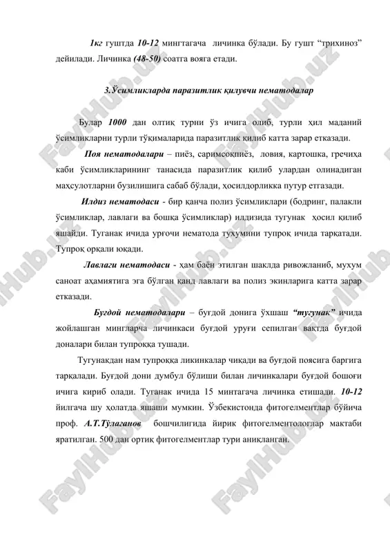 арда кўпаядиган микроблар, майда замбуруғлар каби микрооорганизмлар билан озиқланади. баъзилари йиртқич. сетсерненталар (сеcэрнентес) кичик синфига мансуб тўгарак чувалчанглар ўртасида ҳам эркин яшовчи юзларча нематодалар маълум. булар денгизларда, чучук сув ҳавзаларида ва зах тупроқда, чириндилар орасида яшашга лаёқатлашган. мазкур гуруҳ ўртасида чириндига бой кичик сув ҳавзалари ёки зах жойлардаги чириндилар орасида яшовчи рабдитидлар деб аталувчи майда (1 мм) нематодалар ғоят зўр назарий аҳамиятга эга. чунки, улар чириндилар орасидаги микроб ёки майда замбуруғлар билан озиқланиб кўпаяди ва тасодифан бирор ҳашорат (масалан, асалари) танасига ўтиб қолганда, паразитликка кўчиб яшашга мослашган. маълум кўзатиш ва тажрибалар паразит нематодаларни мана шундай формалардан узоқ эволюция натижасида пайдо бўлганлиги тўғрисидаги фаразияларни исбот этади. ўсимликларда паразитлик қиладиган майда нематодалар ҳаётининг бир қисми, албатта, тупроқда ўтади. мазкур ҳодиса ва шунингдек тупроқда эркин яшовчи майда тўгарак чувалчанглар билан ўсимлик нематодаларининг тузилиши ва ривожланиши қиёсий ўрганиш уларнинг қадимги авлодларини эркин ҳолда тупроқда яшовчи формалардан ривожланганлиги тўғрисида фикр юргизишга далил бўла олади. умуман …