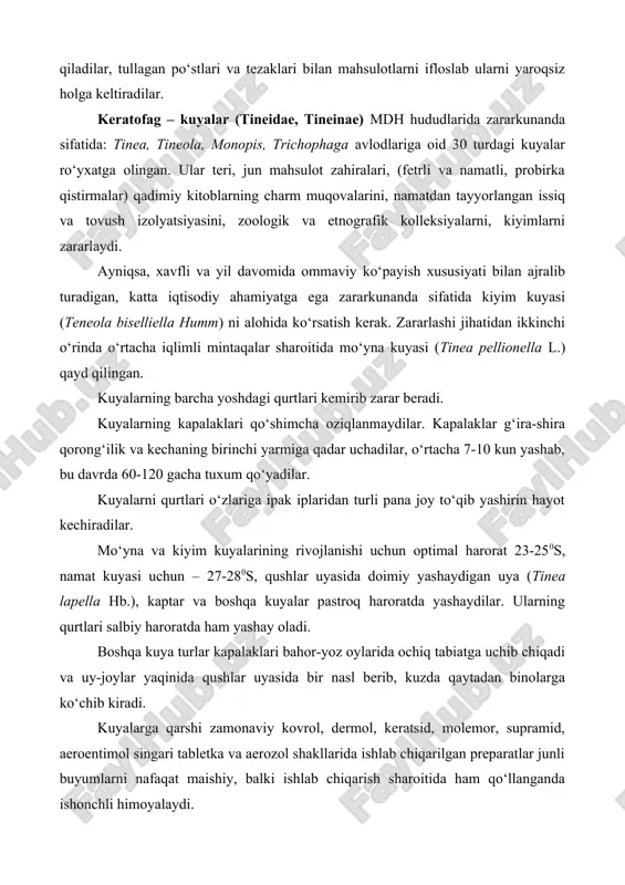 ik darajasidan past bо‘lgan yog‘och-taxta konstruksiyasi va buyumlarida faqat bir qancha guruh qо‘ng‘izlarigina: ayrim mо‘ylovdor qо‘ng‘izlar, parmalovchilar, yog‘och-taxta kemiruvchilar mо‘ynali turlarigina rivojlana oladi. mо‘ylovdor qо‘ng‘izlar orasida criocephalus rusticus l. va callidium violaceum l. singari turlar tipik о‘rmonda hayot kechiruvchi yog‘och-taxta bino hamda mebellarda yashashga moslashgan sinantroplar orasida qandaydir oraliq zvenoni tashkil qiladilar. bundan tashqari ayrim tik daraxtlar hamda yangi xodalarni (yog‘och) ham egallaydi. yog‘och-taxta kontruksiyalar doimiy yoki vaqti-vaqti bilan namlanib turilganda ham ularga bunday qо‘ng‘izlar о‘tishi mumkin. lichinkalari zararlangan materiallar orqali uylarga ham о‘tib u yerda rivojlanishni yakunlashi mumkin. haqiqiy quruq yog‘och-taxta bilan oziqlanuvchi lichinkalar nam tanqisligiga shunchalik moslanganlarki yog‘ochni uzoq vaqt davomida namlatib turilishi ular uchun noqulay hisoblanadi. bu guruhdan eng xavflilari parmalovchilardir. parmalovchi qо‘ng‘izlar. mdh hududlarida qurilishlarni, mebel, muzey eksponatlari va boshqa yog‘och-taxta buyumlarni zararlovchi parmalovchilarning 20 ga yaqin turlari ma’lum. ular faqat uzoq saqlangan yog‘och-taxtalarni parmalab, teshib, boshqa materiallar uchun zararli emas, ammo ularning faoliyati ayniqsa qadimiy …