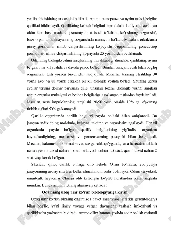 iklash uchun yosh individ uchun 1 soat, o'rta yosh uchun 1,5 soat, qari individ uchun 2 soat vaqt kerak bo'lgan. shunday qilib, qarilik o'limga olib keladi. o'lim bo'lmasa, evolyusiya jarayonining asosiy sharti avlodlar almashinuvi sodir bo'lmaydi. odam va yuksak umurtqak hayvonlar o'limga olib keladigan ko'plab holatlardan o'zini saqlashi mumkin. bunda immunitetning ahamiyati kattadir. odamning uzoq umr ko'rish biolologiyasiga kirish uzoq umr ko'rish bizning ongimizda hayot muammosi sifatida gerontologiya bilan bog'liq, ya'ni jinsiy voyaga yetgan davrgacha yashash irnkoniyati va qarilikkacha yashashni bildiradi. ammo o'lim hamma yoshda sodir bo'lish ehtimoli bor. shuning uchun ko'pchilik hollarda o'rtacha hayot uzunligi tushunchasidan foydalaniladi. iqtisodiy jihatdan rivojlangan mamlakatlarda xx asrda o'rtacha hayot uzunligining o'sishi aholi turmush darajasining ortishi, ovqat sifati, uy-joy, tibbiy xizmat, sanitariya-gigiena, epidemiologiya holatlarining yaxshilanishi bilan bog'liq. xx asrda demografik revolyusiya sodir bo'lishining asosiy sababi ijtimoiy omilning yaxshilanishi bilan bog'liq. o'rtacha hayot ikunligining o'sishi bilan birgalikda o'lim sodir bo'ladigan yosh o'zgarmayapti. xuddi shunday holat …