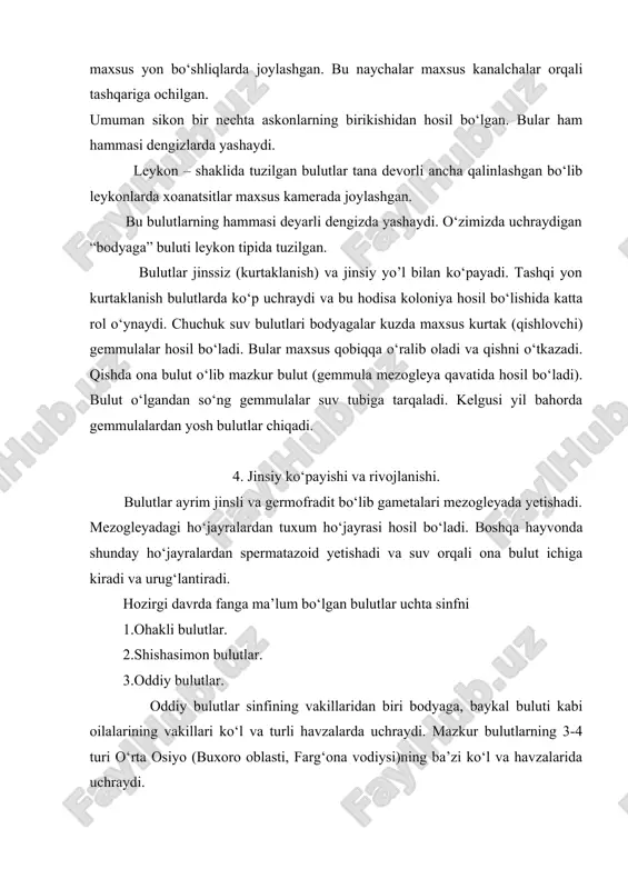 nomi bilan yuritilb, о‘rta dengiz bо‘yi xalqlarining xо‘jaligida ma’lum ahamiyatiga ega. bodyagalar oilasiga mansub bulutlar xalq meditsinasida ishlatiladi. havza va kо‘llarda yashaydigan mazkur bulutlar suvni mikroblardan tozalanishda yordam beradi. ularning qadimgi qazilma avlodlari paleozoy erasidan ilgarigi qavatdan ma’lum. 5. bulutlarga sistemasi turkumlanishi. xozirgi davrda fanga ma’lum bо‘lgan bulutlar uchta sinfni: ohakli bulutlar (calcarea), shishasimon bulutlar (hyalospongia) va oddiy bulutlar (demospongia) ni о‘z ichiga oladi. ohakli bulutlar sinifiga mansub bulutlarning hamma turlari sayoz dengizlarda yashaydi. ular askon, sikon yoki leykon tipida tuzilgan bulib, tо‘g‘ri, uchamak yoki tо‘rtamak shaklda, kо‘pincha erkin joylashgan. shishasimon bulutlar sinfiga mansub bulutlarning tanasi turli shaklda bо‘lib, birmuncha yirik (150 sm gacha). hamma turlari deyarli dengiz va okeanlarning katta chuqurliklarda uchraydi. mezogleya qismi yaxshi rivojlangan, leykon tipida tuzilgan mazkur bulutlarning skeleti kremniy oksedidan iborat bо‘lib, juda xilma-xil murakkab shakllarda bо‘ladi. oddiy bulutlar sinfining vakillari eng kо‘p tarqalgan bо‘lib, ba’zi turlari chuchuk suv havzalarida yashaydi. hamma turlari leykon tipida …
