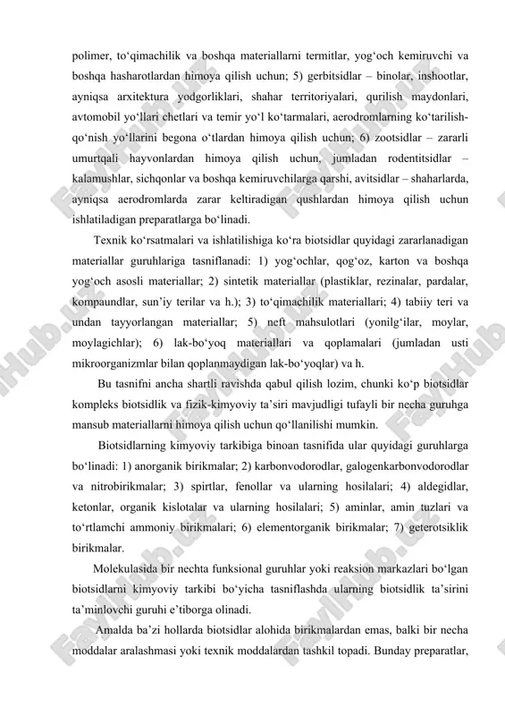 alogenkarbonvodorodlar va nitrobirikmalar; 3) spirtlar, fenollar va ularning hosilalari; 4) aldegidlar, ketonlar, organik kislotalar va ularning hosilalari; 5) aminlar, amin tuzlari va tо‘rtlamchi ammoniy birikmalari; 6) elementorganik birikmalar; 7) geterotsiklik birikmalar. molekulasida bir nechta funksional guruhlar yoki reaksion markazlari bо‘lgan biotsidlarni kimyoviy tarkibi bо‘yicha tasniflashda ularning biotsidlik ta’sirini ta’minlovchi guruhi e’tiborga olinadi. amalda ba’zi hollarda biotsidlar alohida birikmalardan emas, balki bir necha moddalar aralashmasi yoki texnik moddalardan tashkil topadi. bunday preparatlar, ularni biotsidlik xususiyati bilan ta’minlovchi asosiy komponenti asosida, u yoki bu guruhga kiritiladi. biotsidlarni tadqiq qilish usullari. materiallar va buyumlarni biozararlanishdan himoya qilishda qо‘llash uchun sintez qilinayotgan kimyoviy moddalarning biotsidlik xususiyatlarini va materiallar tarkibida ularninig samaradorligini sinash talab etiladi. muammo oddiy emasligi va sharoitlar har xilligi uchun biotsidlarning samarsini aniqlash juda murakkab. biotsidlarni sinashning usullari kо‘p. ularning ayrim xususiyatlarini sinash uchun nisbatan tez о‘tkaziladigan laboratoriya metodlari qо‘llaniladi, umumiy himoya qilish qobiliyati va himoya muddatini aniqlash uchun esa biotsidlar ham …