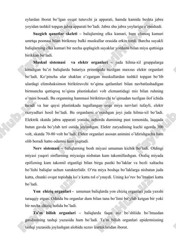 ari katta bo’ladi. yon chiziq organlari - umuman baliqlarda yon chiziq organlari juda yaxshi taraqqiy etgan. odatda bu organlar dum bilan tana bo’limi bo’ylab ketgan bir yoki bir necha chiziq holida bo’ladi. ta’m bilish organlari – baliqlarda faqat oiz bo’shliida bo’lmasdan gavdasining tashqi yuzasida ham bo’ladi. ta’m bilish organlari epidermisning tashqi yuzasida joylashgan alohida sezuv kurtaklaridan iborat. hid bilish organlari – baliqlarning ovqatlanishida katta rol o’ynaydi, barcha xid bilish organlari juft xaltacha bo’lib ichki devori burmali bo’ladi hamda bitta yoki ikkita burun teshigi orqali tashqariga ochiladi. barcha suyakli baliqlarning burun teshigi ko’zining oldida yoki boshining ikki yonida bo’ladi. eshituv organi – faqat ichki quloqdan iborat. tovush unga bevosita to’qimalar orqali o’tadi. so’nggi dalillarga qaraganda baliqlar turli to’lqinlarni yaxshi sezadi, ultratovushlar bilan baliq tutish ham shunga asoslangan. ko’ruv organlari – baliqlarning ko’ruv organi yassi shox qatlamga yaqin o’rnashgan gavharning sharsimon bo’lishi bilan farq qiladi, shu tufayli ular yaqin joydagi narsalarnigina ko’ra …