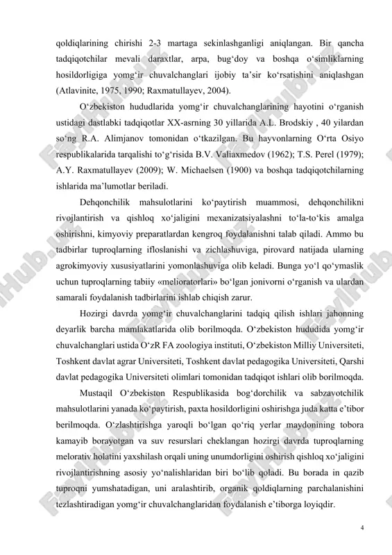 anotomo-morfologik xususiyatlari o‘rganildi. yomg‘ir chuvlchanlari turlariga qarab turli vaqt oralig‘ida umr ko‘rishi, tuproq harorati 21 c0 , namligi 60 foizdan yuqori bo‘lganda ular pillaga 4 tadan 20 donagacha tuxum qo‘yib ko‘payashi aniqlandi. yomg‘ir chuvalchanglari tuproq qatlamlarida tarqalishiga qarab 3 ta ekologik guruhga bo‘linishi, 1 tuproq yuzasida yoki to‘shalmada yashaydigan gemiedafon turlar 2 tuproq va to‘shalma (gumus) da yashaydigan turlar, 3. tuproqning chuqur qatlamlarida in qurib yashaydigan euedafon turlarga bo‘linadi. yomg‘ir chuvalchanglarining regeneratsiyasi ular hayoti uchun eng muhim organlari joylashgan oldingi bosh qismi hisobidan sodir bo‘lishi, tanasining keyingi qismi esa, to‘liq regeneratsiya xususiyatiga ega bo‘lmasligi aniqlandi. ishning aprobatsiyasi. bitiruv malakaviy ishining materiallari biologiya kafedrasi qoshidagi «biolog» to‘garagida ma’ruza qilingan. ishning tuzilishi va hajmi. bitiruv malakaviy ishi, 3 bob, xulosa va adabiyotlar ro‘yxatidan iborat. matni 52 sahifa, 1 ta jadval va 11 ta rasm kiritilgan. adabiyotlar ro‘yxatida esa 21 nomdagi adabiy manbalar qayd etilgan. muallif ushbu bitiruv malakiviy ishni bajarishda va tayyorlashda …