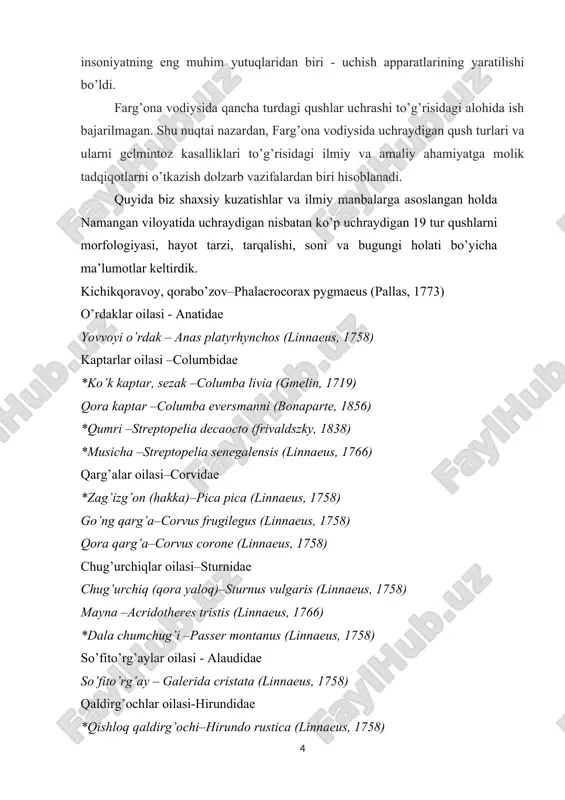 ser montanus (linnaeus, 1758) so’fito’rg’aylar oilasi - alaudidae so’fito’rg’ay – galerida cristata (linnaeus, 1758) qaldirg’ochlar oilasi-hirundidae *qishloq qaldirg’ochi–hirundo rustica (linnaeus, 1758) jibilajibonlar oilasi -motacillidae tog’ yilqichisi–anthus spinoletta (linnaeus, 1758) *sariqjibilajibon –motacilla flava (linnaeus, 1758) niqobli jibilajibon –motacilla personata (goulg, 1861) oqjibilajibon –motacilla alba (linnaeus, 1758) sassiq popishaklar oilasi -upupidae sassiqpopishak –upupa epops (linnaeus, 1758) turkiston oq laylagi - ciconia ciconia asiatica sev. ni farg’ona vodiysi sharoitidagi ekologik xususiyatlari turkiston oq laylagi - ciconia ciconia asiatica sev. o’zbekiston “qizil kitobi”ga kiritilgan nodir qush bo’lib, atroflicha muhofazaga muhtoj qushlardan hisoblanadi. so’nggi yillarda insonning xo’jalik faoliyati natijasida turkiston oq laylaklarining tabiiy yashash joylari yo’qolib bormoqda. masalan, 1975 yilda zarafshon vodiysida o’zlashtirilmagan zahkash yerlardagi daraxtlarda bir necha oq laylaklar uyasi joylashgan edi. 1959-1960 yillarga kelib bu yerlar sholi ekilishi uchun o’zlashtirilishi natijasida laylaklar bu yerlarni tark etdilar (abdusalomov, 1961). xx asr oxirlari xxi asr boshlariga kelib atrof-muhitni jadal sur’atlar bilan o’zlashtirilishi va yashash sharoitining …