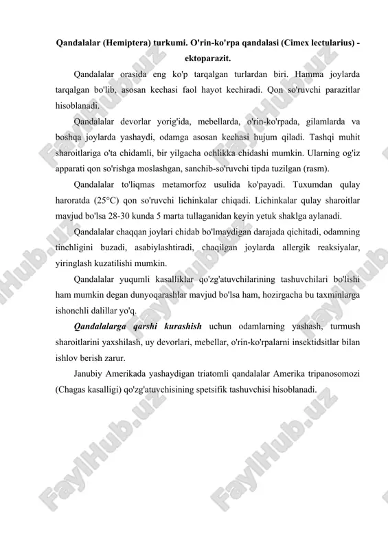ti) va qov biti (phthiruspubis) parazitlik qiladi. bosh biti va kiyim - kechak bitlarini ba'zi mutaxassislar bir tur - odam biti - (pediculus humanis)nmg kenja turlari deb hisoblashadi (rasm). bitlar odamning doimiy ektoparazitlari hisoblanadi. ular bir-biridan yashash joyi, morfologik va fiziologik xususiyatlari bilan farqlanadi. eng yirik bitlar (4,5-5 mm gacha) - kiyim biti, eng may da bitlarga esa qov biti kiradi (o'lchami 1,5 mm). ular 30 kundan (qov biti) 50 kungacha (kiyim biti) yashaydilar. bosh biti va kiyim biti butun hayoti davomida 300 ga yaqin, qov biti esa 50 taga yaqin tuxum qo'yadi. to'liqmas metamorfoz yo'li bilan ko'payadi. tuxumdan chiqqan lichinkalar, birnecha marta tullab imagoga aylanadi. bitlarning tibbiyotdagi ahamiyati. ektoparazitlik (pedikulez)dan tashqari bosh biti va kiyim bitlari qaytalama va toshmali terlamalar qo 'zg 'atuvchilarining spetsifik tashuvchilari hisoblanadi. kasalliklar qo'zg'atuvchilarining odamga yuqishi kontaminativ yo'l bilan amalga oshiriladi. bitlar kasallikni chaqib yuqtirmaydi, chunki ularning so'lagida qo'zg'atuvchilar bo'lmaydi. toshmali terlama qo'zg'atuvchilari (nkketsiyalar) bitlar …