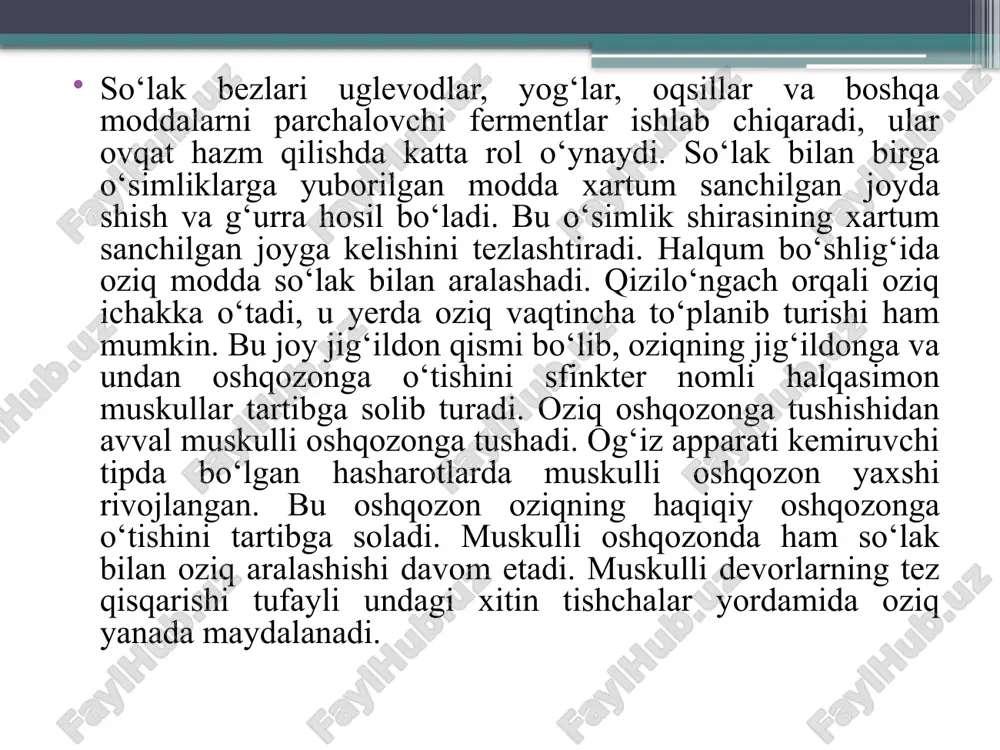 inlaydi va oziqni hazm bo’lishini ta’minlaydi.keyingi ichak yo’g’on va to’g’ri ichakka bo’inib, to’g’ri ichak kengayib kloakani hosil qiladi. keyingi ichakda rektal bezlar joylashgan ovqat hazm qilish sistemasi hasharotlarning qon aylanish sistemasi hasharotlarning qon aylanish sistemasi ochiq bo‘ladi. qonni tananing yelka tomoniga joylashgan yurak harakatga keltiradi va u yelka qon tomiri deb ataladi. yelka qon tomiri ko‘p hollarda 5–8 ta, ayrimlarida 13 ta kameradan iborat bo‘ladi. kameralar birbiri bilan klapanlar orqali ajralgan. ular qonning oldingi kameradan orqa kameraga qaytishiga yo‘l qo‘ymaydi. yurakning orqa tomonidagi eng keyingi kamerasi berk bo‘ladi. yelka qon tomiri hasharotning qorin qismidan ba’zan ko‘krak tomoniga ham o‘tishi mumkin. bu yerda u aortaga aylanadi. tomir qisqa muskullar yoki biriktiruvchi to‘qima bilan tana tergitlariga birikadi, ostki tomonidan esa parda, ya’ni perikordial diafragma bilan ajralib turadi. bu parda uchburchak shakldagi qanotsimon muskullar to‘plamidan iborat. yelka qon tomiri har qaysi kameraning ikki yon tomonidagi bittadan teshik – ustitsalar bo‘lib, ularda ichiga qaragan …