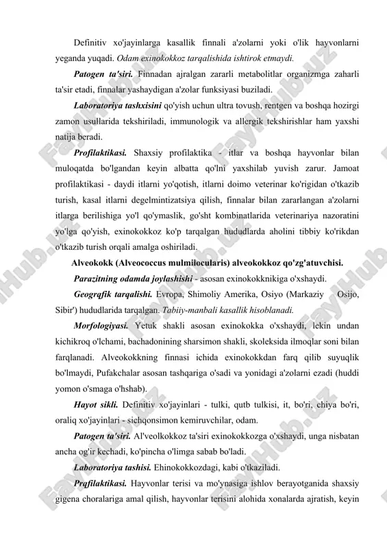 ko'rsatadi, to'qimalar nekroziga sabab bo'lishi mumkin. kasal ozib ketadi, kamqonlik rivojlanadi yaxshi davolanmasa o'limga ham sabab bo'lishi mumkin. laboratoriya tashxisi. axlatdagi tuxumlarni tekshirish orqali tashhis qo'yiladi. profilaktikasi. xom, chala pishirilgan, chala muzlatilgan, chala dudlangan, kam tuzlangan baliqni iste'mol qilmaslik, ikralarni xomligicha iste'mol qilmaslik, suv havzalarini axlat bilan ifloslanishiga yo'l qo'ymaslik, sanitariya-oqartuv targ'ibot ishlarini yo'lga qo'yish orqali amalga oshiriladi. adabiyotlar: 1. abduraxmanov g.m., lopatan i.k., ismailov sh.i. osnovo’ zoologii i zoogeografii. uchebnik dlya studentov vo’sshix pedagogicheskix uchebno’x zavedeniy. m., izdatelskiy tsentr «akademiya» 2001. 2. abuladze k.i. i dr. parazitologiya i invazionno’e bolezni selskoxozyaystvenno’x jivotno’x. uchebnik dlya studentov vuzov po spetsialnosti "veterinariya". m., 1990. 3. akbaev m.sh. i dr. parazitologiya i invazionno’e bolezni jivotno’x. uchebnik dlya studentov vuzov po spetsialnosti «veterinariya». m. kolos, 2000. 4. biologiya. bolshoy entsiklopedicheskiy slovar. nauchnoe izdatelstvo "bolshaya rossiyskaya entsiklopediya". m. 1998. 5. burdelev t.e. i dr. osnovo’ veterinarii. uchebnik. m.,1978. 6. genis d.e. meditsinskaya parazitologiya. m. 1991.