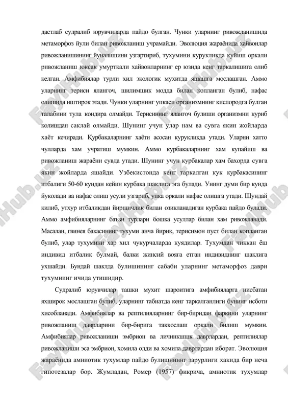 идан фаркини уларнинг ривожланиш даврларини бир-бирига таккослаш оркали билиш мумкин. амфибиялар ривожланиши эмбрион ва личинкшшк даврлардан, рептилиялар ривожланиши эса эмбрион, хомила олди ва хомила даврлардан иборат. эволюция жараёнида амниотик тухумлар пайдо булишннннг зарурлиги хакида бир неча гипотезалар бор. жумладан, ромер (1957) фикрича, амниотик тухумлар рептилиялар курукликка чикишидан анча олдин пайдо булган ва кургокчилик билан боглик булган. кургокчилик шароитида тухумнинг пучоги унинг куриб колишидан ва зарарланишидан химоя килувчи восита сифатида пайдо булган эволюциянинг махсулидир. тихен (1960) амниотик тухумнинг келиб чикишини кургокчилик ёки курукликка чикиш билан боглашни нотугри деб хисоблайди. унинг фикрича, амниотик тухумнинг пайдо булишига тошкумир давридаги тропик иклим сабаб булган. у уз фикрининг исботи сифатида суви куп ва доимий зах ерларда яшайдиган айрим амфибияларнинг курукликда тухум куйишини келтиради. амниотик тухумнинг кандай пайдо булганлигидан катъий назар, эволюция жараёнида бундай тухумнинг пайдо булиши рептилиялардан кушлар ва сут эмизувчилар келиб чикишига асос булган. эволюция жараёнида сут эмизувчилар тараккиёти аста секин мураккаблашиб борган. сут …