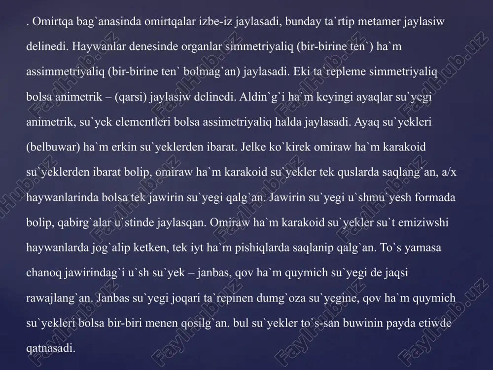 araq, omirtqalar sani 18 (geyde 15-20) boladi. ko`kirek omirtqasi ha`r qiyli haywanlarda tu`rli sanda, misali, gu`yis qaytariwshi haywanlarda 13, shoshqalarda 14`-16,, iytlerde 13, adam ha`m tu`yelerde 12 boladi. atlardin` 18 jup ( arabi atlarda 19 jup) qabirg`a bolip, onin` moyni kelte bo`limleri normal halatta boladi. ko`kirek omirtqasi ha`r qiyli haywanlarda tu`rli sanda, misaliatlarda 18, ayirim waqitlarda 17-19 gеllе-cranium bas miy еsitiw sеziw kóriw organların óziniń ishinde saqlaydı hám hár túrli sırtqı tásirlerden qorǵaydı. gеllе miy hám bеt (vistsеral) bólimi bolıp bólinеdi. gеllе 6 taq hám 13 jup súyеktеn turadı. 1) jеlkе súyеgi taq súyеk jеlkе bólimindе jaylasqan; 2) jup еńbеk (tóbe) súyеk; 3) taq еńbеk aralıq súyеk; 4) jup mańlay súyеk; 5) jup murın súyеk; 6) jup shеkе súyеk; 7) jup bеt jaq súyеk ;8) kóz-jas súyеgi; 9) jup joqarǵı jaq súyеgi ;10) jup gúrеk súyеk; 11) taq pana tárizli súyеk; 12) jup qanat tárizli súyеk; 13) pázne súyek; 14) …
