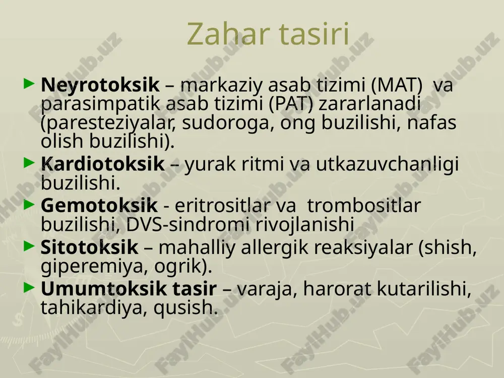ременный представитель семейства утконосовых (ornithorhynchidae); вместе с ехидновыми образует отряд однопроходных (monotremata) — млекопитающих, по ряду признаков напоминающих рептилий. у молодых утконосов обоих полов на задних лапах находятся зачатки роговых шпор. у самок к годовалому возрасту они отпадают, а у самцов продолжают расти, достигая к моменту полового созревания 1,2—1,5 см длины. каждая шпора связана протоком с бедренной железой, которая во время брачного сезона вырабатывает сложный «коктейль» из ядов. самцы используют шпоры во время брачных поединков. яд утконоса может убить динго или иное некрупное животное. для человека он в целом не смертелен, однако вызывает очень сильную боль, а на месте укола развивается отёк, который постепенно распространяется на всю конечность. болевые ощущения (гипералгезия) могут продолжаться много дней или даже месяцев. 25 sutemizuvchilar sinf: sutemizuvchilar bo’lim: zaharli hasharotlar оilasi: yoriqtishlilar (solenodontidae gill, 1872) аvlod: yoriqtishlilar тur: kuba yoriqtishlisi кубинский щелезуб, или такуахе (лат. solenodon cubanus) — вид млекопитающих из семейства щелезубов (solenodontidae). обитает …