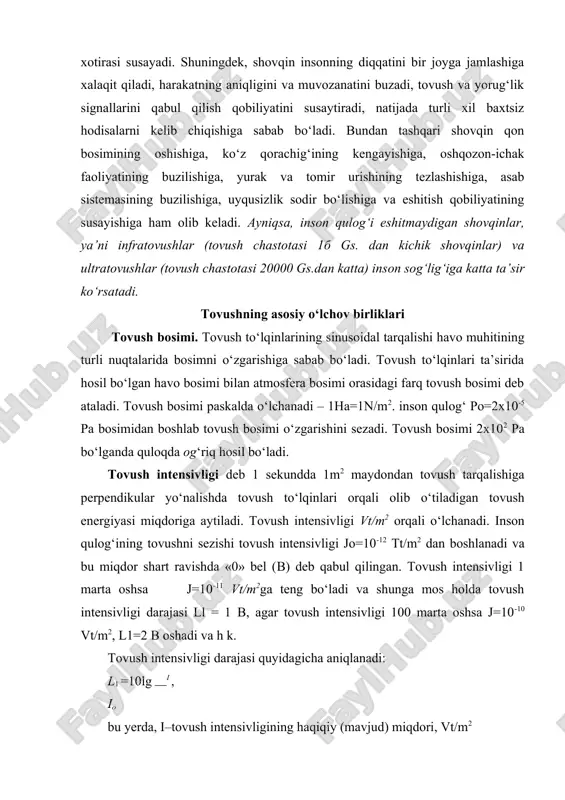 alishda tovush to‘lqinlari orqali olib o‘tiladigan tovush energiyasi miqdoriga aytiladi. tovush intensivligi vt/т2 orqali o‘lchanadi. inson qulog‘ining tovushni sezishi tovush intensivligi jo=10-12 tt/m2 dan boshlanadi va bu miqdor shart ravishda «0» bel (в) deb qabul qilingan. tovush intensivligi 1 marta oshsa j=10-11 vt/т2ga teng bo‘ladi va shunga mos holda tovush intensivligi darajasi ll = 1 в, agar tovush intensivligi 100 marta oshsa j=10-10 vt/m2, l1=2 в oshadi va h k. tovush intensivligi darajasi quyidagicha aniqlanadi: l1 =10lg i , io bu yerda, i–tovush intensivligining haqiqiy (mavjud) miqdori, vt/m2 io – tovushni sezish boshlanishidagi intensivlik, jo=10… 12 vt/m2. shunga mos holda tovush bosimi darajasi quyidagicha aniqlanadi: p2 p lg =10lg 2 = 20lg p po bu yerda, p – tovush bosimining haqiqiy miqdori, ра; po – tovushni sezish boshlanishidagi tovush bosimi, рo=2 10-5 yuqoridagi formulalarga mos holda shovqin darajasining ka- mayishini quyidagicha aniqlashimiz mumkin bo‘ladi: l1 − l2 = 20lg p1 …