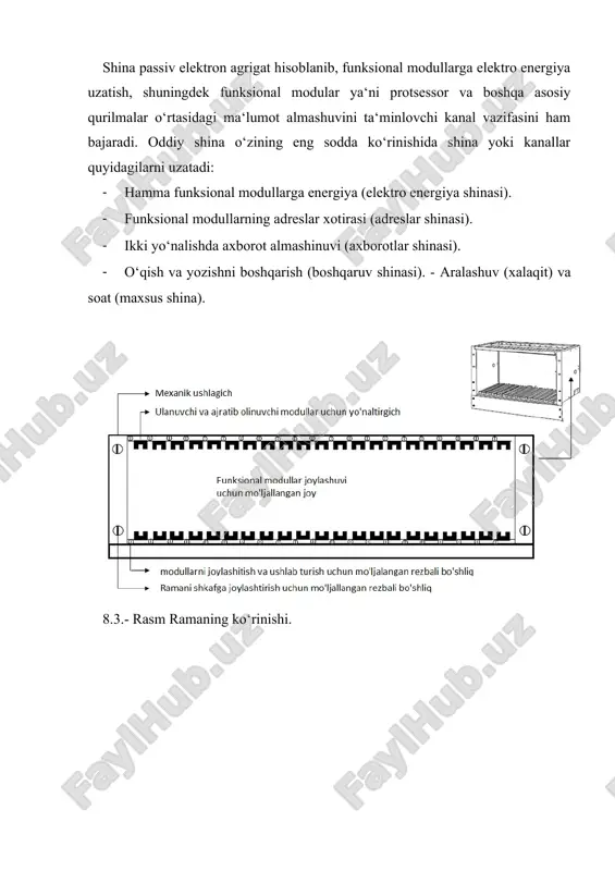 i – kontrollerning yadrosi hisoblanib, avtomatlashtirish stratigiyasi asosida qurilgan, shuningdek buyruqlar bajarilishini nazorat qilish va boshqa bir necha amallar bakarilishini o‘z ichiga oladi. bu modul funksional modullar yordamida axborotlarni yeg‘ish va boshqaruvni amalga oshiradi. 8.9 rasmda ko‘rsatilganidek modulda impuls takt generatori mavjud, bu impulslar yordamida modul hamma sinxronlashlar va o‘zi bajarayotgan amallarni sinxron ravishda bilib turishi shuningdek vaqtni aniqlashda ham foydalanadi. shuningdek protsessor takt signallar yordamida shinadagi boshqa funksional modullar bilan axborot almashinuvini to‘g‘risidagi tashqi sinxrolashtirishlarda ham ishlatiladi. shinali interfeys sxemasi protsessor modulining yuqori qismida joylashtirilgan. 8.8.- rasm protsessor moduli. xotira moduli xotira moduli ikki qisimdan iboratdir: · energiya talab qilmaydigan xotira (rom – doimiy xotira yoki shu turdagi xotira) bo‘lib tizimni saqlab turish va avtomatlashtirish tizimi dasturlarini saqlab turish uchun ishlatiladi. · energiya talab xotira (ram – operativ xotira) bo‘lib joriy axborotlarni, ma‘lumotlarni qayta ishlash va saqlash uchun ishlatiladi. 8.9.- rasm xotira moduli himoya moduli himoya moduli, yoki nazoratchi …