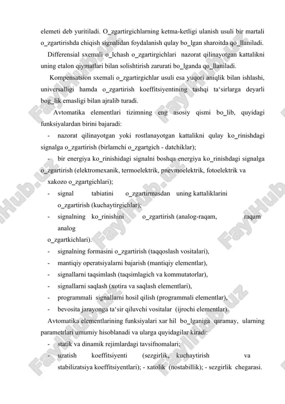 tizimining dinamik rejimidagi ishini aniqlaydi. har bir elementning umumiy va asosiy xarakteristikasi uning о‗zgartirish koeffitsiyenti, ya‘ni element chiqish kattaligining kirish kattaligiga bо‗lgan nisbatiga teng. avtomatik tizimlarning elementlari miqdor va sifat о‗zgartirishlarni bajaradi. miqdor о‗zgartirishlar kuchaytirish, stabillash va boshqa koeffitsiyentlarni nazarda tutadi. sifat о‗zgartirishda bir fizikaviy kattalik ikkinchisiga о‗tadi. bu holda о‗zgartirish koeffitsiyenti element sezgirligi deyiladi. 10.2.- rasm. avtomatika elementlarining statik tavsifnomalari. a) - chiziqli ks= kg= const; b) - uzluksiz nochiziqli; kskg const. v)- nochiziq uzlukli kskq const f avtomatika elementining yana bir muhim tavsifnomasi – element (kirish kattaligi о‗zgarishiga bog‗lik bо‗lmagan) chiqish kattaligining о‗zgarishidan hosil bо‗lgan о‗zgartirish xatosidir. bu xatoga sabab atrof-muhit xaroratining, ta‘minlash kuchlanishining о‗zgarishi va kabilar bо‗lishi mumkin. element xarakteristikalarining о‗zgarishi natijasida paydo bо‗ladigan hato nostabillik deb ataladi. ba‘zi elementlarning chiqish va kirish kattaliklari о‗rtasida kо‗p qiymatli bog‗lanish mavjud. bunga quruq ishqalanish, gisterezis va boshqalar sabab bо‗lishi mumkin. bunda kattalikning xar bir kirish qiymatiga uning bir necha …