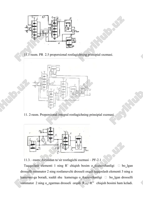 rilma sifatida ishlab chiqarilmaydi. proporsional-integral (izodrom) rostlagichlar pr3.21 rostlagichning vazifasi pr 2.5 rostlagichning vazifasiga о‗xshash. u taqqoslash elementlari i, iii, vi, droselli summator ii, quvvat kuchaytirgich iv, uzuvchi relelar v, vii va sig‗im viii dan iborat (8.2- rasm). bu rostlash bloki ikkita: proporsional va integral qismlardan tuzilgan. ularning kirishiga datchikdan rostlanayotgan kattalikning pnevmatik signali rn va ikkilamchi asbobga о‗rnatilgan topshiriq bergichdan rostlanuvchi kattalikning berilgan qiymati kelib, 0,2 ... 1 kg/sm2 oraliqda bо‗ladi. blokning proporsional qismi g‗alayonlanishdan sо‗ng xarakatga kelib, uning о‗zi esa summator i, iii va drosselli summator ii dan tuzilgan. pr3.21 rostlovchi blokining integral qismi summator vi va kuchaytirish koeffitsiyenti k=1 bо‗lgan birinchi darajali aperoidik zvenodan tuzilgan bо‗lib, pnevmatik integrallovchi zvenodan iborat. proporsional va integral qismlarning chiqish signallari yacheyka ii da qо‗shiladi. buning uchun integrallovchi zvenoning chiqishi yacheyka ii ning i va iii summatorlari kirishiga berilishi lozim. sozlash parametrlarining (kuchaytirish koeffitsiyenti - kr, izodrom vaqti - ti) о‗zaro bog‗liq …