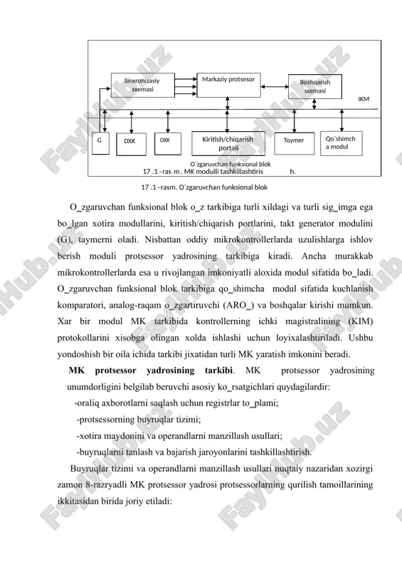 hiqaruvchilar tomonidan quvvatlanayotgan quydagi hc05, hc08, hc11 mk oilasi motorola va boshqa firmalar tomonidan ishlab chiqarilmoqda. risc – arxitekturali protsessorlar, ishlatiladigan buyruqlar tо‗plami minimumgachan qisqartirilgan. murakkabroq operatsiyalarni joriy etish uchun buyruqlar kombinatsiyasidan foydalanishga tо‗g‗ri keladi. bu xolda, barcha buyuruqlar qayt qilingan о‗lcham uzunligida bо‗ladi (masalan, 12, 14 yoki 16 bit), xotiradan buyruqni tanlash va uni bajarish bitta sinxronlash siklida (taktda) amalga oshiriladi. risc – protsessorlarining buyruqlar tizimi protsessor registrlarining barchasini teng xuquqli ishlatish imkonini nazarda tutadi. bu esa qator operatsiyalarni bajarilishida qо‗shimcha imkoniyatlarni yaratadi. risc – protsessorli mikrokontrollerlarga atmel firmasining avr mk, microchip firmasining pic16, pic17 mk kiradilar. dastlabki qarashda, risc –protsessorli mikrokontrollerlar ichki magistralining bir xil takt chastotasida cisc –protsessorli mikrokontrollerlarga nisbatan ancha yuqori unumdorlikka ega bо‗lishlari kerak. ammo amalda unumdorlik masalasi ancha murakkabdir. birinchidan, turli tizimli (risc va cisc) mikrokontrollerlarning buyruqlarni bajarilish vaqti bо‗yicha unumdorligini baxolash uncha xam tо‗g‗ri emas. odatda mp va mk unumdorligini bir sekund davomida …