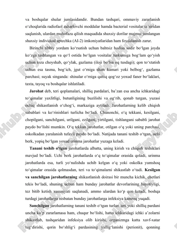yoxud urinma jarohatlar yuzaga keladi. tanani teshib o‘tgan jarohatlarda albatta, uning kirish va chiqish teshiklari mavjud bo‘ladi. uchi berk jarohatlarda o‘q to‘qimalar orasida qoladi, urinma jarohatlarda esa, turli yo‘nalishda uchib kelgan o‘q yoki oskolka yumshoq to‘qimalar orasida qolmasdan, teri va to‘qimalarni shikastlab o‘tadi. kesilgan va sanchilgan jarohatlarning shikastlanish doirasi bir muncha kichik, chetlari tekis bo‘ladi, shuning uchun ham bunday jarohatlar devorlarining hayotiyligi, tez bitib ketish xususiyati saqlanadi, ammo ulardan ko‘p qon ketadi, boshqa turdagi jarohatlarga nisbatan bunday jarohatlarga infeksiya kamroq yuqadi. sanchilgan jarohatlarning tanani teshib o‘tgan turlari teri yoki shilliq pardani uncha ko‘p zararlamasa ham, chuqur bo‘lishi, hatto ichkaridagi ichki a’zolarni shikastlab, tashqaridan infeksiya olib kirishi, organizmga katta xavf-xatar tug‘dirishi, qorin bo‘shlig‘i pardasining yallig‘lanishi (perionit), qonning zararlanishi (sepsis) kabi og‘ir asoratlarga sababchi bo‘lishi ham mumkin. chopilgan jarohat har xil chuqurlikda bo‘lib, yumshoq to‘qimalarning urilib, lat yeyishi va ezilishiga olib keladi. urilgan, yirtilgan va ezilgan jarohatlar murakkab shaklda, chetlari notekis bo‘lishi …