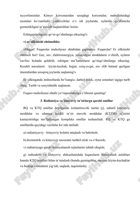 n maqsad: · fuqaro muhofazasi tizimlariga kiruvchi fuqarolarning ishlash qobiliyatlarini baholash; · ishchi xizmatchilarning ish faoliyatlarini baholash va ulardan foydalanish chegaralari; · evakuatsiya davrida tibbiy yordam ko‘rsatish hajmi; · fuqarolarni sanitar - qayta ishlovdan o‘tkazish hajmi; · jihozlarni, transport vositalarini, shaxsiy saqlovchi vositalarni, kiyimkechaklarni, ish joylarini dezaktivatsiya va degazatsiya qilish; · radiatsiyaviy - kimyoviy zararlangan xududlarda qolgan suv, em, oziq-ovqat va boshqalarni qayta ishlab, foydalaniladi va boshqa omillar bajariladi. dozimetrik va kimyoviy holatni baholash - ob’ektning fuqarolar muhofazasi shtabi, uning tizimlari, jumladan razvedka bo‘limlari amalga oshiradi (ya’ni radiatsiyaviy, kimyoviy va umumiy razvedka bo‘limlari). oziq-ovqatlar, suv va emlarning zararlanish darajasi radiometrik va kimyoviy laboratoriyalarda aniqlanadi. dozimetrik baholashda odamlarni va er usti jinslarini radiatsiya nurlari bilan nurlanganligi hamda zararlangan joylarda odamlarning olgan nur dozalari aniqlanadi. nurlanganlik darajasi guruh holda hamda yakka tartibda tekshiriladi. guruhni tekshirishda, tizimlar, tsexlar bo‘yicha odamlarning olgan nur dozalarini, hamda ularning ishlash qobiliyatlari aniqlanadi. dozani aniqlovchi id-1 va dkp-50a …