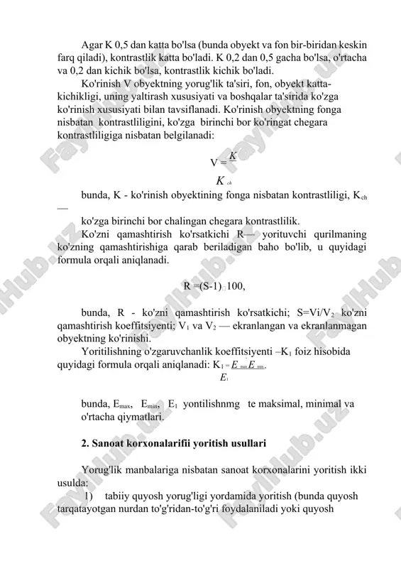qah juda katta sanoat korxonalarining yuqori tomonida maxsus qoldirilgan oynalari framugalar va bu ikki holatni kombinatsiya qilgan holda amalga oshiriladi. sun'iy yoritish sanoat korxonalarining binolarini umuman bir xilda yoritish, umumiy yoritish va umumiy yoritishga qo'shimcha ravishda ish joylarini maxsus yoritishv bilan qo'shib kombinatsiyalashtirilgan yoritilish usullari yordamida amalgam oshiriladi. sanoat korxonalarini faqatgina ish joylaridagi yoritilish bilan qanoatlanishga mutlaqo ruxsat etilmaydi. sanoat korxonalarining xonalari bir tekisda umumiy yoritilish usuli bilan yoritilgan bo'lishi shart. bunda ba'zi bir joylarda ma'lum miqdorda oshirilgan yoki qisman kamaytirilgan holatlarga yo'l qo'yiladi, jekin har qanday holda ham umumiy sanoat korxonalari uchun sanitariya talablarini qondiradigan yoritilish bo'lishiga erishish kerak. mashinasozlik sanoati korxonalari ish joylari kombinatsiyalashtirilgan yoritilish bilan ta'minlanishi zarur. bunday yoritilish ikki tomonlama ijobiy samaralar beradi, birinchidan ish joylarida, ayniqsa, ish bajarilayotgan zonalarda va yuzalarda har qanday qorong'ilik va soyalarni bartaraf etadi hamda bu ish joylari uchun kerak bo'ladigan yorug'lik miqdorini aniqv hisoblash imkoniyatini beradi. ikkinchidan umumiy yoritilishga nisbatan …