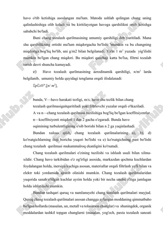 hanglar) va shuningdek, organik moddalardan tashkil topgan changlarni (masalan, yog'och, paxta tozalash sanoati changlari) tozalash maqsadida qo'llaniladi. chunki organik changlarning suv bilan birikmasi achib qo'lansa hid chiqarishi uni boshqa maqsadlarda ishlatilishida qiyinchiliklarga olib keladi. namlangan chang tozalash qurilmalaridan mineral moddalardan tashkil topgan keraksiz changlarni (masalan, kul, tosh va qum changlari) tozalashda qo'llaniladi. 2. chang tozalash kameralari chang tozalash kameralari o'z tuzilishi va ishlash usuli bilan eng sodda chang tozalash qurilmalari qatoriga kiradi. changlangan havo tozalash kamerasiga 1 truba orqali 2 kameraga yuboriladi (15-rasm). kameraga yuborilayotgan havo ma'lum miqdordagi tezlikka ega bo'lganligiisababli (18—22 m/s), havoning qarshiliksiz chiqib ketishini kamaytirish maqsadida 4 devor to'siq o'rnatilgan. changdan tozalangan havo chiqib ketishi uchun 3 chiqarib yuborish trubasi o'rnatilgan. kamera ichiga changlangan havo bilan birgalikda kirgan chang zarrachasining soddalashtirilgan holatini ko'rib chiqamiz. bu holda chang zarrachasiga ta'sir qilib uni harakatlantiradigan kuchlardan biri, havo harakati ;natrjasida olingan inersiya kuchi bo'lib, bu zarrani gorizontal holatda harakatlantirishga intiluvchi …