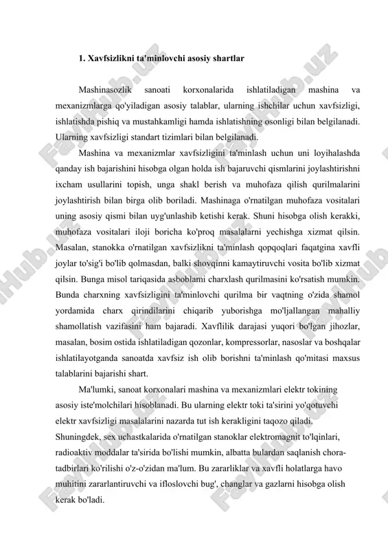 langan mahalliy shamollatish vazifasini ham bajaradi. xavflilik darajasi yuqori bo'lgan jihozlar, masalan, bosim ostida ishlatiladigan qozonlar, kompressorlar, nasoslar va boshqalar ishlatilayotganda sanoatda xavfsiz ish olib borishni ta'minlash qo'mitasi maxsus talablarini bajarishi shart. ma'lumki, sanoat korxonalari mashina va mexanizmlari elektr tokining asosiy iste'molchilari hisoblanadi. bu ularning elektr toki ta'sirini yo'qotuvchi elektr xavfsizligi masalalarini nazarda tut ish kerakligini taqozo qiladi. shuningdek, sex uchastkalarida o'rnatilgan stanoklar elektromagnit to'lqinlari, radioaktiv moddalar ta'sirida bo'lishi mumkin, albatta bulardan saqlanish chora-tadbirlari ko'rilishi o'z-o'zidan ma'lum. bu zararliklar va xavfli holatlarga havo muhitini zararlantiruvchi va ifloslovchi bug', changlar va gazlarni hisobga olish kerak bo'ladi. mashina va mexanizmlarning xavfsizligi ularni ta'minlashga ishlatiladigan materialning mustahkamligiga bog'iiq bo'ladi. shuning uchun ham bunday stanoklarni tayyorlashda ularning ishchi organlariga ishlatiladigan material mustahkamligiga alohida ahamiyat beriladi. bundan tashqari har xil detallarni qirqish, silliqlash borasida ularni ushlab turish qurilmalarining pishiqligiga va bar qanday favqulodda holatlarda ham detalni qo'yib yubormasligini ta'minlash imkoniyatini berishi kerak. stanoklarning mustahkamligi ularni …