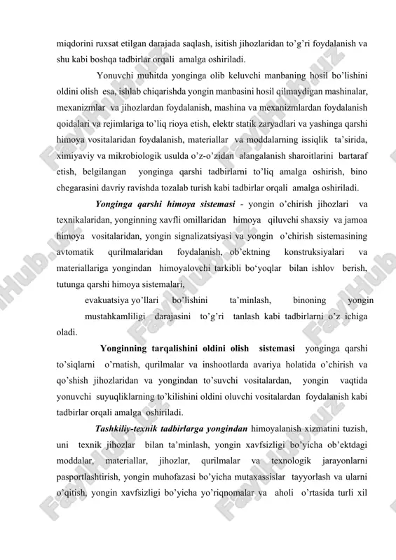 zligi bo’yicha texnologik jarayonlarini buzish, ularga amal qilmaslik; materiallarni saqlash qoidalariga rioya qilmaslik (masalan, so’ndirilmagan ohak yoki xlorli ohakga suv aralashsa, harorat 8000 s gacha yetishi mumkin); statik elektr zaryadlariga qarshi texnik qurilmalardan foydalanmaslik; atmosferaning kuchli zaryadlaridan himoyalovchi qurilmalardan foydalanmaslik (yashin vaqtida 2v dan 8 mln v kuchlanish, 200000 a tok kuchi miqdorida elektr zaryadlari hosil bo’lishi mumkin); ichki yonuv dvigatellarini sinash va ulardan foydalanish qoidalariga rioya qilmaslik; elektr jihozlari va qurilmalarini noto’g’ri o’rnatish yoki ularni zo’riqtirish; isitish sistemalaridan noto’g’ri foydalanish; bug’ qozonlari va issiqlik generatorlaridagi avtomatik qurilmalarning nosozligi yoki ularning noto’g’ri o’rnatilishi; ishlab chiqarish binolari havosi tarkibidagi gaz, bug’ va changlarni me’yorlashtirilmaganligi va boshqa shu kabilar. statik elektr zaryadlari. tuzilishi va tarkibi jihatidan bir xil bo’lmagan ikki materialning o’zaro ishqalanishi natijasida va ayrim suyuqlik yoki gazlarning quvurlarda katta tezlikda harakatlanishi oqibatida statik elektr zaryalari hosil bo’ladi. masalan, avtomobil beton yo’lda harakatlanayotganida, uning g’ildiraklari yo’l uzra sirpanishi natijasida yoki qum …