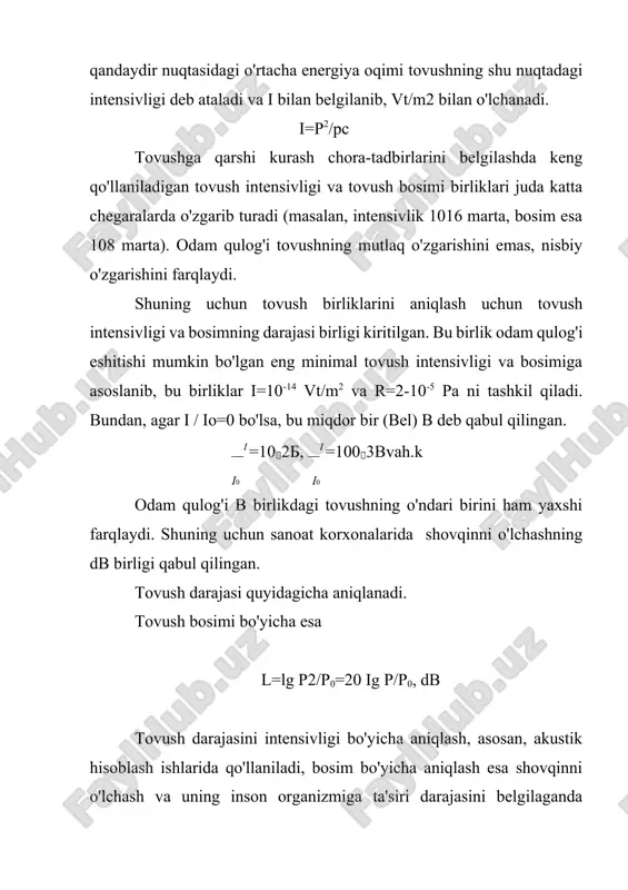 45-90) (qavsda shu chastotani ifodalaydigan chegara miqdorlar berilgan), 125 (90-180), 250 (180-355), 500 (355-710), 1000 (710-1400), 2000 (1400-2800), 4000 (2800-5600), 8000 (5600-11200). shovqinlar gost 12.1.003-76 ga asosan spektral va vaqt bo’yicha tavsiflariga asosan sinflarga bo’inadi 19-rasm. tovush chegarasini belgilovchi chiziqlar. spektr bo'yicha shovqinlar tonal tovushlar (elektr arraning tovushi) va keng polosali (reaktiv dvigatel tovushi) bo'lishi mumkin. vaqt bo'yicha tavsifiga esa uning, doimiyligi (8 soat davomida 5 dba gacha o'zgarsa) va o'zgaruvchanligi (8 soat davomida 5 dba dan ortiq o'zgarca) hisobga olinadi. o'zgaruvchan shovqinlar o'z navbatida vaqt birligida uzluksiz (impuls) bo'lishi mumkin. 2. shovqinning zararli ta'siri, normalari eshitiladigan shovqinlar ma'lum chastotalar (16 20000 gs) bilan chegaralanib qolmasdan, ma'lum chegaradagi eshitilish darajasi va bosimi bilan ham farqlanadi (19-rasm). rasmdagi yuqorida joylashgan egri chiziq tovush darajasining yuqori og'riq hosil qiluvchi chegarasini belgilaydi. bu chegara taxminan l=120 - 130 db atrofida ekanligi ko'rinib turibdi.bundan ortiq darajadagi shovqinlar inson uchun og'riq hosil qiluvchi shovqinlar bo'lib …
