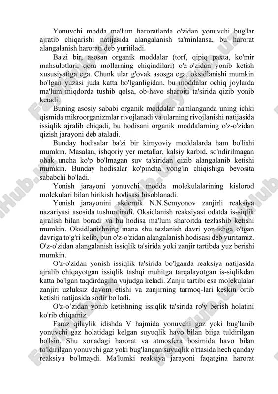 dan qizib alangalanib ketishi mumkin. bunday hodisalar ko'pincha yong'in chiqishiga bevosita sababchi bo'ladi. yonish jarayoni yonuvchi modda molekulalarining kislorod molekulari bilan birikish hodisasi hisoblanadi. yonish jarayonini akdemik n.n.semyonov zanjirli reaksiya nazariyasi asosida tushuntiradi. oksidlanish reaksiyasi odatda is-siqlik ajralish bilan boradi va bu hodisa ma'lum sharoitda tezlashib ketishi mumkin. oksidlanishning mana shu tezlanish davri yon-ishga o'tgan davriga to'g'ri kelib, bun o'z-o'zidan alangalanish hodisasi deb yuritamiz. o'z-o'zidan alangalanish issiqlik ta'sirida yoki zanjir tartibda yuz berishi mumkin. o'z-o'zidan yonish issiqlik ta'sirida bo'lganda reaksiya natijasida ajralib chiqayotgan issiqlik tashqi muhitga tarqalayotgan is-siqlikdan katta bo'lgan taqdirdagina vujudga keladi. zanjir tartibi esa molekulalar zanjiri uzluksiz davom etishi va zanjirning tarmoq-lari keskin ortib ketishi natijasida sodir bo'ladi. o'z-o’zidan yonib ketishning issiqlik ta'sirida ro'y berish holatini ko'rib chiqamiz. faraz qilaylik idishda v hajmida yonuvchi gaz yoki bug'lanib yonuvchi gaz holatidagi kelgan suyuqlik havo bilan biiga tuldirilgan bo'lsin. shu xonadagi harorat va atmosfera bosimida havo bilan to'ldirilgan yonuvchi gaz …