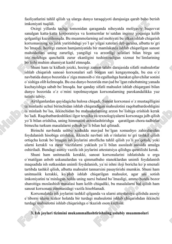 jasiga moslashishi asosida kengayish va monopoliyalarga aylanish jarayonlarini bosib o`tdi va hozirgi vaqtda nihoyatda kattalashib ketgan sanoat korxonalarini xo`jalik yuritish ish faoliyatlarini tahlil qilish va ularga dunyo taraqqiyoti darajasiga qarab baho berish imkoniyati tuqildi. oxirgi yillarda tashqi tomonidan qaraganda nihoyatda moliyaviy baquvvat sanalgan katta-katta korporatsiya va kontsernlar to`satdan inqiroz yoqasiga kelib qolganligi kuzatilmoqda. bu muammolarning asl mohiyati bu ulkan ishlab chiqarish korxonasining xo`jalik yuritishdagi yo`l qo`yilgaí xatolari deb qaralsa, albatta to`gri bo`lmaydi. hozirgi zamon hamjamiyatida bir mamlakatda ishlab chiqarilgan sanoat mahsulotlari uning zarurligi, yangiligi va arzonligi sifatlari bilan birga uni iste`molchiga qanchalik zarur ekanligini tushintiradigan xizmat bo`limlarining bo`lishi muhim ahamiyat kashf etmoqda. shuni ham ta`kidlash joizki, hozirgi zamon talabi darajasida sifatli mahsulotlar ishlab chiqarish sanoaò korxonalari safi borgan sari kengaymoqda, bu esa o`z navbatida dunyo bozorida o`ziga munosib o`rin egallashga harakat qiluvchilar sonini o`sishiga olib kelmoqda. bu esa dunyo bozorida mavjud bo`lgan rahobatning yanada kuchayishiga sabab bo`lmoqda. har qanday sifatli …