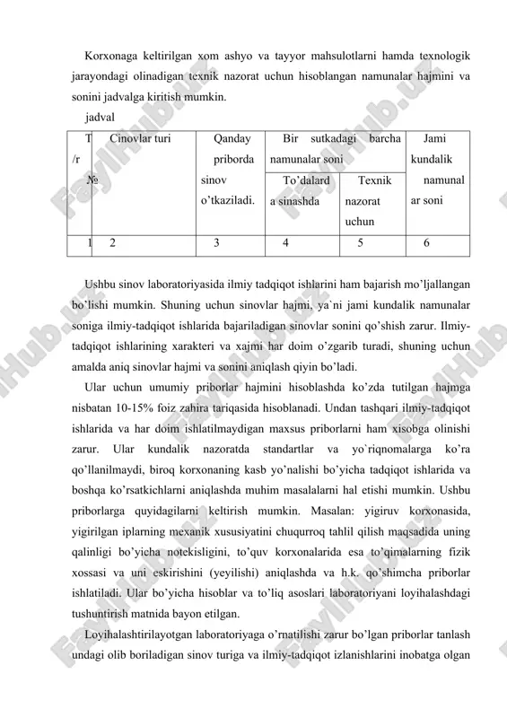 rlarni asoslab berish loyiha mavzusida (adabiyotlar va kataloglar man`basini ko’rsatilgan holda) yozma ravishda bayon etiladi. shundan so’ng, ko’p ishlatiladigan (ommaviy) priborlarning hisoblash kerak bo’ladi. hisoblash uchun, yuqorida qayd etilgandek, laboratoriyani bir smenada ishlashni tashkil etish taklif qilinadi. shu bilan birgalikda, hozirgi vaqtda korxonalar haftasiga 5 kun, 8,2 soatdan ishlayotganligini hisobga olinishi lozim. priborlarning sonini (aniqlashda) hisoblashda to’qimachilik sanoatiga tegishli bo’lgan ilmiy-tadqiqot institutlarini ishlab chiqargan me`yorlarini tayyorlovchi tomonidan qo’shimchalar kiritilgan va boyitilgan manbalaridan foydalanish tavsiya etiladi. ushbu me`yorlar odatda ishlab chiqarishdagi sinovlar uchun olingan namunalar sonini (m) sinash uchun ketgan vaqt hisobida beriladi. sinov o’tkazishdagi jami namunalar soni (n) va bir smenadagi ish vaqti t soatda belgilanadi. priborni sozlash va tekshirib ko’rish uchun ketgan vaqt ta bilan belgilanadi. laborant bir smenada tabiiy zaruriyatlarga ko’ra tb vaqt, va smena oxirida priborlarni tozalash uchun tv vaqt talab etiladi. cinash uchun bir smenada sarflanadigan vaqt (tn) quyidagicha hisoblanadi. tn=t-(ta+tb+tv) sinov uchun olingan (n) namunani …