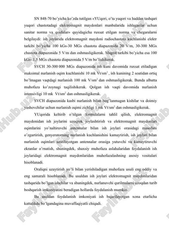 uhofazalashning asosiy vositalari hisoblanadi. oraliqni uzaytirish yo’li bilan yerishiladigan muhofaza usuli eng oddiy va eng samarali hisoblanadi. bu usuldan ish joylari elektromagnit maydonlaridan tashqarida bo’lgan ishchilar va shuningdek, nurlanuvchi qurilmalarni uzoqdan turib boshqarish imkoniyatini beradigan hollarda foydalanish mumkin. bu usuldan foydalanish imkoniyati ish bajarilayotgan xona etarlicha kattalikda bo’lgandagina muvaffaqiyatli chiqadi. nurlanishni kamaytirishning yana boshqa usuli kuchli nurlanish genyeratorini, kuchsizroq nurlanish genyeratori bilan almashtirishdir. lekin bu usulda texnologik jarayonni hisobga olish zarur. nurlanish kuchini kamaytirishning boshqa usuli sifatida antennaga ekvivalent bo’lgan nurlanishni yutuvchi yoki kamaytiruvchi qurilmalarni antenyuatorlarni qo’llash, genyeratordan nurlanish tarqayotgan qurilmagacha bo’lgan oraliqdagi nurlanish kuchini yo’qotishi yoki kamaytirishi mumkin. nurlanishni yutuvchi qurilmalar koaksil va to’lqin qaytaruvchi bo’lishi mumkin. bu qurilmalarning sxemasi 31-rasmda keltirilgan. energiya yutgich sifatida grafit yoki boshqa uglyerodli qotishma ishlatiladi. shuningdek, ba’zi bir dielektrik materiallardan foydalanish mumkin. bunday materiallar qatoriga rezina, podevorirol va boshqalarni kiritish mumkin. bunday energiya yutuvchi qurilmalarning energiya ta’sirida qizishini hisobga olib, ularda sovutish yuzalari …