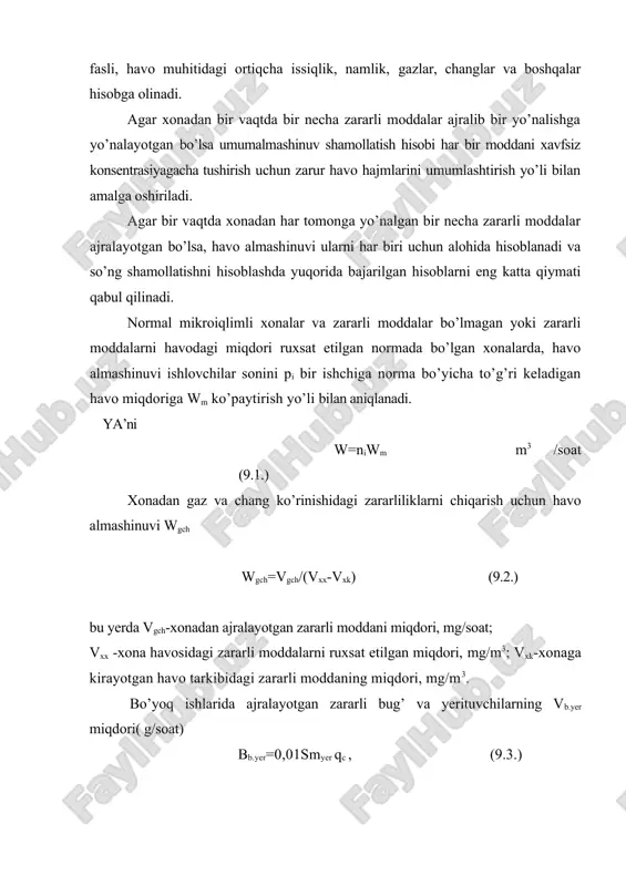 ishning eng yaxshi vositasi hisoblanadi. bu shamollatishning kamchiligi haroratiga, shamolning kuchi va yo’nalishiga, tabiiy havo almashinishi qurilmalarini ishlash xarakteriga ko’ra tashkillashtirilgan va tashkillashtirilmagan turlarga bo’linadi. agar shamollatish qurilmalarida havo oqimi yo’nalishini miqdorini rostlovchi moslamalar o’rnatilgan bo’lsa, bunday shamollatish sistemasi tashkillashtirilgan deb ataladi. havoning tortish kuchini oshirish maqsadida deflektorlardan foydalaniladi. u shamollatish kanallarining yuqori qismiga o’rnatiladi. havo oqimi deflektor orqali o’tishi natijasida havo kanallarida siyraklanish hosil bo’ladi va buning ta’sirida kanalda havoning tezligi oshadi. deflektorning diametri quyidagicha aniqlanadi: d=0,0188 , (9.6.) bu yerda wd-deflektorning ish unumdorligi, m3/s; -havoning deflektordagi tezligi, m/s. hisob ishlarida =(0,2-0,4) x qabul qilinishi mumkin. bu yerda x -havoning tezligi, m/s. tabiiy havo almashinish qurilmalarining ishlashi samaradorligi ulardan qanchalik to’g’ri foydalanish darajasiga bog’liq. shuning uchun tabiiy havo almashinish qurilmalarining elementlari o’rnatilib bo’lingach, ular sinovdan o’tkazilishi lozim. buning uchun havo almashinishi ko’zda tutilgan kanallar va tuynuklar ochib qo’yiladi hamda ularning yuzasi aniqlanadi. havo o’tish yo’lining o’rtasiga anemometr o’rnatilib, havoning …