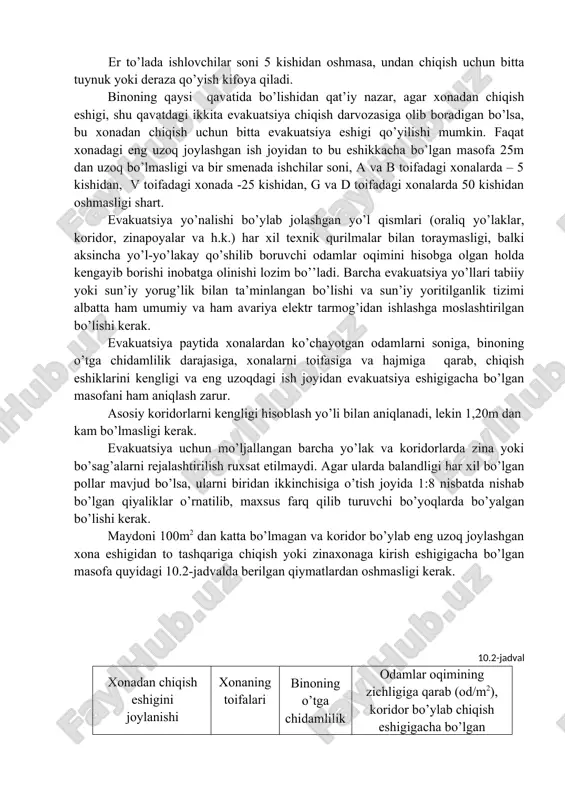 ngan bo’lishi va sun’iy yoritilganlik tizimi albatta ham umumiy va ham avariya elektr tarmog’idan ishlashga moslashtirilgan bo’lishi kerak. evakuatsiya paytida xonalardan ko’chayotgan odamlarni soniga, binoning o’tga chidamlilik darajasiga, xonalarni toifasiga va hajmiga qarab, chiqish eshiklarini kengligi va eng uzoqdagi ish joyidan evakuatsiya eshigigacha bo’lgan masofani ham aniqlash zarur. asosiy koridorlarni kengligi hisoblash yo’li bilan aniqlanadi, lekin 1,20m dan kam bo’lmasligi kerak. evakuatsiya uchun mo’ljallangan barcha yo’lak va koridorlarda zina yoki bo’sag’alarni rejalashtirilish ruxsat etilmaydi. agar ularda balandligi har xil bo’lgan pollar mavjud bo’lsa, ularni biridan ikkinchisiga o’tish joyida 1:8 nisbatda nishab bo’lgan qiyaliklar o’rnatilib, maxsus farq qilib turuvchi bo’yoqlarda bo’yalgan bo’lishi kerak. maydoni 100m2 dan katta bo’lmagan va koridor bo’ylab eng uzoq joylashgan xona eshigidan to tashqariga chiqish yoki zinaxonaga kirish eshigigacha bo’lgan masofa quyidagi 10.2-jadvalda berilgan qiymatlardan oshmasligi kerak. 10.2-jadval xonadan chiqish eshigini joylanishi xonaning toifalari binoning o’tga chidamlilik darajasi odamlar oqimining zichligiga qarab (od/m2), koridor bo’ylab chiqish eshigigacha …