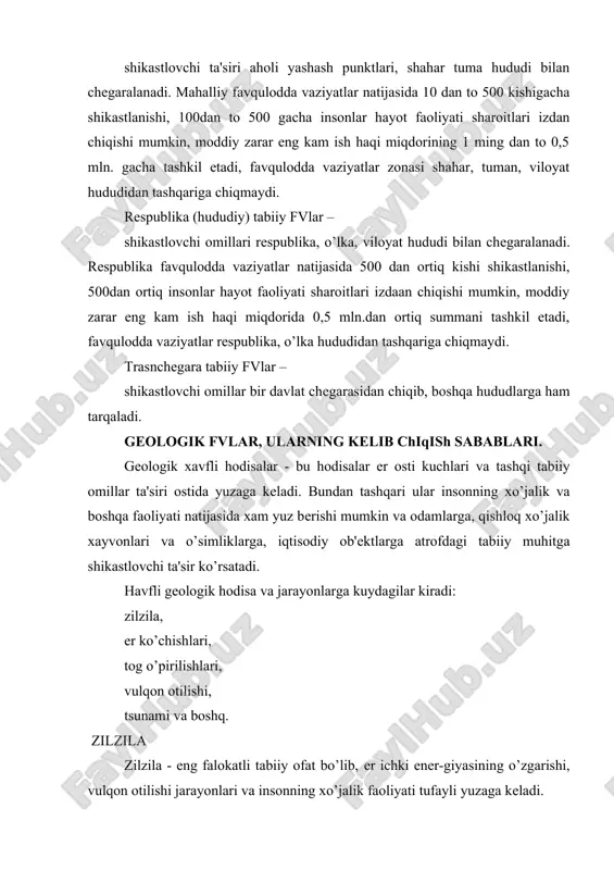 ngiz tubi yuzlab mеtr, hatto bir nеcha ming mеtrga ochilib qoladi. bu holat bir nеcha daqiqadan yarim soatgacha davom etadi. to’lqinlar harakati momoqaldiroqsimon tovush bilan birga kеchadi. sunami to’lqini ko’pincha to’lqinlar sеriyasi shaklida bo’lib, qirgoqqa bir soat va undan ortiq vaqt oraligi bilan hujum qiladi. gidromеtеorologik fvlar, ularning kеlib chiqish sabablari. gidromеtеorologik havfli xodisalar - bu : odamlar o’limiga, axoli punktlarini, ba'zi sanoat va qishloq xo’jaligi ob'еktlarini suv bosishiga, transport kommunika- tsiyalari, ishlab chiqarish va odamlar hayot faoliyati buzilishiga olib kеlgan va shoshilinch ko’chirish tadbirlari o’tkazilishini talab qiladigan suv toshqilari, suv to’planishi va sеllar; aholi punktlaridagi, sanatoriy, dam olish uylaridagi, soglomlashtirish lagеrlaridagi odamlarning, turistlar va sportchilarning jarohatlanishiga va o’limiga olib kеlgan yoki olib kеlishi mumkin bo’lgan qor ko’chkilari, kuchli shamollar (dovullar), jala va boshqa xavfli hodisalar. to’fon to’fon - bu еr ustki inshoatlarini jiddiy zararlaydi, dеngizdan 10-12 mеtr balandlikda to’lqinni yuzaga kеltiradi va toglardagi qorli bo’ron va shamol, havo massasini …