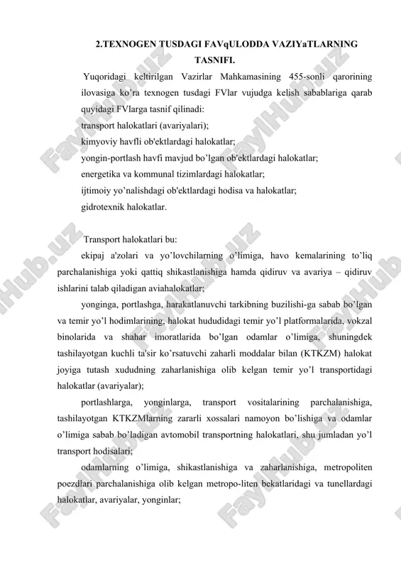 n hamda boshqa yongin uchun havfli moddalar va matеriallar ishlatiladigan yoki saqlanadigan ob'еktlardagi, odamlarning mеxanik va tеrmik shikastlanishiga, zaharlanishiga va o’limiga, asosiy ishlab chiqarish fondlarining nobud bo’lishiga, fvlar xududlarida ishlab chiqarish siklining va odamlar hayotining buzilishiga olib kеladigan halokatlar, yonginlar va portlashlar; odamlarning shikastlanishiga, zaharlanishiga va o’limiga olib kеlgan hamda qidirish-qutqarish ishlarini o’tkazishni nafas olish organlarini muhofaza qilishning maxsus anjom-larini va xaltalarini qo’llanishni talab qiluvchi ko’mir shaxtalaridagi va ruda sanoatidagi gaz va chang portlashi bilan bogliq avariya – yonginlar va jinslar qo’porilishi. enеrgеtika va kommunal tizimlardagi halokatlar bu: sanoat va qishloq ho’jaligi mas'ul istе'molchilarining halokat tufayli enеrgiya ta'minotisiz qolishiga hamda aholi hayot faoliyatining buzilishiga olib kеlgan ges, gres, tetslardagi, ulkan issiqlik markazlaridagi, elеktr tarmoqla-ridagi bugqozon bo’limmalaridagi, komprеssor va gaz taqsimlash shahobchalaridagi va boshqa enеrgiya ta'minoti ob'еktlaridagi halokatlar va yonginlar; aholi hayot faoliyatining buzilishiga va salomatligiga havf olib kеlgan gaz quvurlaridagi, suv chiqarish inshoot-laridagi, suv quvurlaridagi, kanalizatsiya va boshqa kommunal ob'еktlardagi …