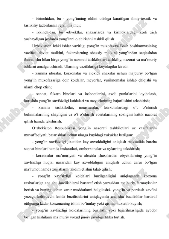 ong’in xavfsizligi nuqtai nazaridan kay axvoldaligini aniqlash uchun zarur bo’lgan ma’lumot hamda xujjatlarni takdim etishni talab qilish; - yong’in xavfsizligi koidalari buzilganligini aniqlaganda korxona raxbarlariga ana shu buzilishlarni bartaraf etish yuzasidan majburiy farmoyishlar berish va buning uchun zarur muddatlarni belgilash4- yong’in va portlash xavfini yuzaga keltiruvchi koida buzilishlarini aniqlaganda ana shu buzilishlar bartaraf etilgunga kadar korxonaning ishini bo’tunlay yoki qisman tuxtatib kuyish; - yong’in xavfsizligi koidalarining buzilishi yoki bajarilmasligida aybdor bo’lgan kishilarni ma’muriy yoxud jinoiy javobgarlikka tortish. ishchi-xizmatchilar uz ish urnidagi yoki ular uzi ishlaydigan bulinmadagi yong’in xavfsizligi talablarini yaxshi bilishlari va ularga kat’iy amal qilishlari, o’t o’chirish vositalaridan foydalana olishlari, mexnat hamda texnologiya intizomiga kat’iy rioya qilishlari, yong’in hamda portlash jixatidan xavfli modda va ashyolarni ishlatishni bilishlari zarur. korxona, muassasa va tashkilotlarda yong’in xavfsizligini ta’minlash ishini tashkil qilish. ishchilar, xizmatchilar va muxandis-texnik xodimlarning kupchiligi jalb etilgandagina korxona, muassasa, hamda tashkilotlarda yong’inga qarshi muvaffaqiyatli kurash olib borish mumkin. buning uchun …