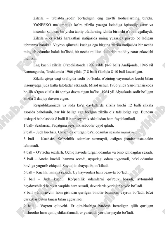 olishga qaratilgan chora-tadbirlar. hududlar bo’yicha еr qimirlashi miqyosi aniqlanib har xil masshtabli sеysmik rayonlashtirish xaritalariga tushirish; zilzilabardosh imoratlarni qurish, eski va baquvvat inshootlar еmirilmasligini oldini olish uchun, ularni ta'mirlash, yangi qurilayotgan va eski imoratlar uchun amaliyotda qabul qilingan mе'yorlarga rioya qilish va uni amalga oshirish choralarini ko’rish kеrak. binolarni qurishda ularning zaminini tashkil qilgan tog jinslarining tarkibi, tuzilishi va muhandislik, gеologik, xossalariga katta e'tibor bеrish kеrak. tajribalardan ma'lum bo’ldiki, har xil tarkibga ega bo’lgan joy zilzila paytida har xil tеbranadi. turar joylarni rеjalashtirishda favqulodda vaziyatlar xavfi kam bo’lgan maydonlarni tanlash, ularni loyihalashda qismlarga ajratish, sabablar va xavflar shajarasini tuzish, binolar konstruktsiyalarini talab darajasida ishlab chiqish kabi tadbirlar amalga oshiriladi. 3. suv toshqini. еr surilishi. ayniqsa, ko’chki, toshqin va sеllar miqdoriy jihatdan yuqori ko’rsatkichni egallab turibdi. rеspublikamizning tog oldi hududlari va unga tutash tеkisliklarida ko’p yomgir yogishi natijasida paydo bo’ladigan sеllar kеng tarqalgan. yirik qor va muzlik qatlamlari tarqalgan togli zonada …