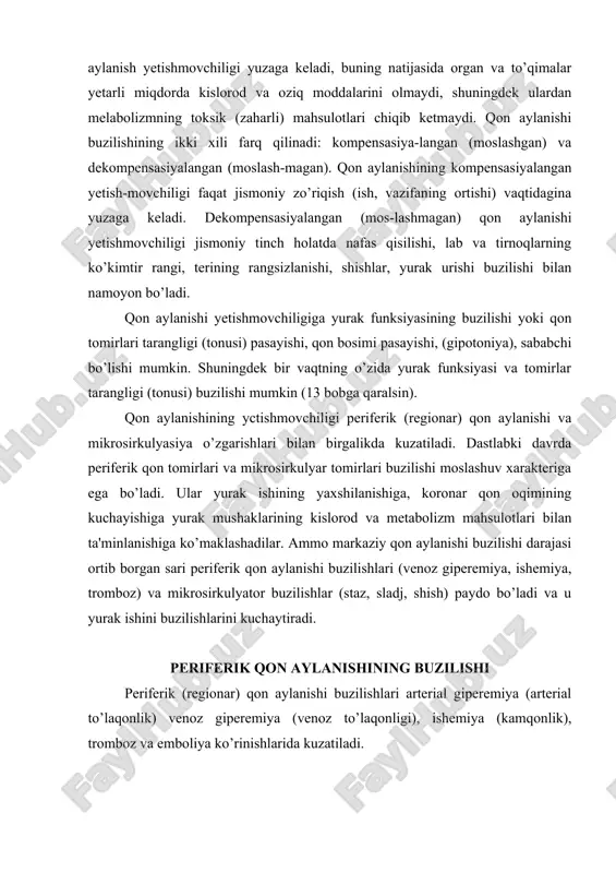 ator buzilishlar (staz, sladj, shish) paydo bo’ladi va u yurak ishini buzilishlarini kuchaytiradi. periferik qon aylanishining buzilishi periferik (regionar) qon aylanishi buzilishlari arterial giperemiya (arterial to’laqonlik) venoz giperemiya (venoz to’laqonligi), ishemiya (kamqonlik), tromboz va emboliya ko’rinishlarida kuzatiladi. arterial giperemiya arterial giperemiya sabablari. arterial giperemiya venalar bo’ylab qon oqib, chiqib ketishi normal bo’lgan holda qon oqimining mikrosirkulyator sistemasida ko’payish sharoitida kuzatiladi. arteriola va kapilyarlar kengayishi, qon tomiri ichidagi va to’qimalarning joyli harorati ortishi bilan ta'riflanadi. arterial giperemiyani turli omillar chaqiradi. masalan, ultrabinafsha nurlarida, mayda arteriyalar kengayib, arteriya oqimini kuchaytiradi: shunday natijani turli qitiqlovchi moddalar, yallig’lanish chaqirishi mumkin. psixogen omillar, jumladan, so’z ta'siri, yuz, bo’yin arleriyalari giperemiyasiga olib kelishi mumkin va u uyalish yoki g’azablanish vaqtidagi qizarib ketish bilan namoyon bo’ladi. artcrial giperemiya turlari. arterial giperemiya fiziologik va patologik turlarga bo’linadi. fiziologik giperemiya organlarning funksiyasini faollashishida, masalan, musha-klar ishida, homiladorlikda bachadonda, ovqat hazm qilish vaqtida ichaklarda kuzatiladi. u to’qimalarga kislorod va oziq …