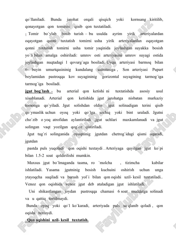 mayda tomirlardan qon ketishida qullaniladi. -issiq fizilogik eritmani qullash- 60-80 %gacha qizdirilgan eritmaga xullangan salfetka qonayotgan soxaga bir necha minutga quyiladi. kimyoviy usullar :- tomirlarni toraytiradigan preparatlar 0.1 % li adrenalin preparati maxalliy yoki parenteral ish-di. -qonning ivish xususiyatini oshiradigan preparatlar- vodorod peroksid, kalsiy xlorid, aminokapron kislotasi va vikasol ish-di. biologik usullar: - gemostatik vositalarni ot zardobi,gemostatik bulut , fabrin pardasi kabilardan foydalaniladi. -gemostatik vositalarni venaga qo`llash – qon , plazma, gemofobin, antigemofil globulin va antimofil plazma, fibrinogen va boshqalardan kichik dozalarda bo`lib- bo`lib quyiladi. qon gruppasini aniqlash odamda qonnning 4 guruhi uchraydi: - birinchi guruh-0(1) eretrotsitlarda aglyutinogenlar yo`q (0 zardobda esa 2 ta aglyutenin alfa va betta bor. - ikkinchi guruh - a (ii) eretrotsitlarda agglyutinogen (a) zardobda esa agglyutin beta bor. -uchinchi guruh – b (iii) eretrotsitlarda agglyutinogen b, zardobda esa agglyutinin alfa bor. - to`rtinchi guruh – ab (iv) eretrotsitlarda ikkala aglyutinogen a va b bor bioq …