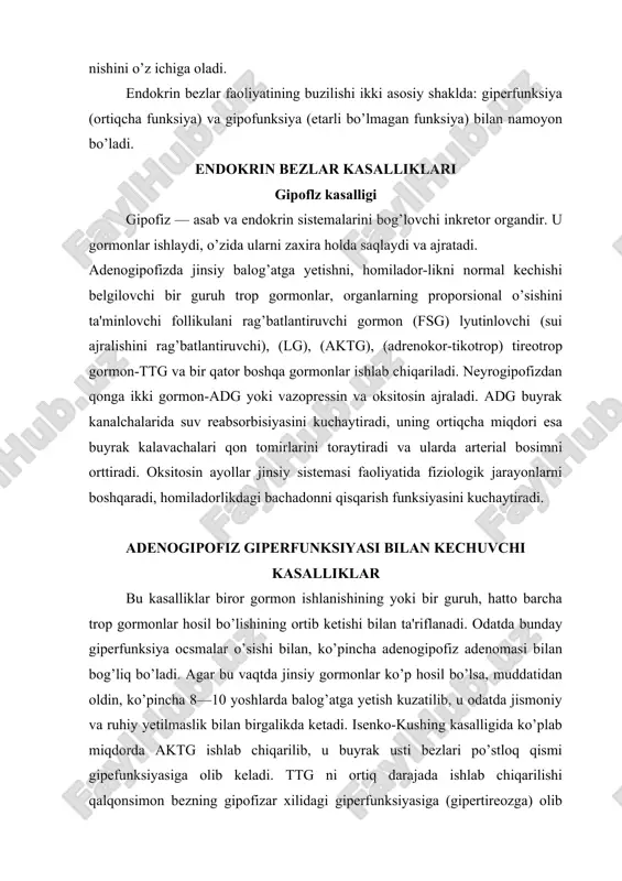 gar bu vaqtda jinsiy gormonlar ko’p hosil bo’lsa, muddatidan oldin, ko’pincha 8—10 yoshlarda balog’atga yetish kuzatilib, u odatda jismoniy va ruhiy yetilmaslik bilan birgalikda ketadi. isenko-kushing kasalligida ko’plab miqdorda aktg ishlab chiqarilib, u buyrak usti bezlari po’stloq qismi gipefunksiyasiga olib keladi. ttg ni ortiq darajada ishlab chiqarilishi qalqonsimon bezning gipofizar xilidagi giperfunksiyasiga (gipertireozga) olib keladi. gipofizning asidofil adenomasida o’sish gormonining paydo bo’lishi kuchayadi. uni ko’plab miqdorda qonga o’tishining ta'siri yoshga bog’liq bo’ladi. «bolalik» yoshida to’qimalarning o’sishga nisbatan qobiliyati saqlangan vaqtda, gipofizar gigiantizm rivojla-nadi. jismoniy rivojlanishning og’ir buzilishlari kuzatiladi. bcmor bo’yi yoshiga mos kelmaydi: 8—9 yoshda u 200 santimetrni, 20 yoshdan sung 250—270 santimetrni tashkil etadi. shuning bilan bir qatorda mushaklar zaifligi, elka kichikligi, ko’krak ichkariga tortganligi xarakterli bo’ladi. jinsiy belgilar yetarli rivojlanmagan, farzand ko’rish funk-siyasi pasaygan bo’ladi. odatda qandli diabet belgilari rivojlanadi. yuqumli kasalliklarga nisbatan bardoshlilik kamayadi. katta yoshdagi kishilarda o’sish gormoni ko’payishida akromegaliya kasalligi paydo bo’ladi: bunda tananing ayrim …