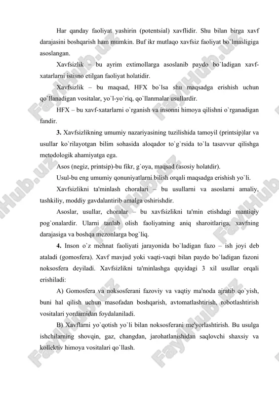 usul ishchilarni tеgishli muhitga moslashishga, uni himoyalashdarajasini ko`tarishga yo`naltirilgan har xil vositalar va usullarni o`z ichiga oladi. kasbiga qarab tanlash, ruhiy ta'sir va (shaxsiy) himoya vositalari qo`llash. amalda esa yuqorida aytilgan usullar (kombinatsiyasi) birgalikda qo`llaniladi. xavfsizlikni ta'minlovchi vositalarga, jamoa (kollеktiv) va shaxsiy himoya vositalari kiradi. (jxv va shxv). ular o`z yo`lida xavflarning turiga, tuzilishiga, ishlatish sohasiga nisbatan guruhlarga bo`linadi.