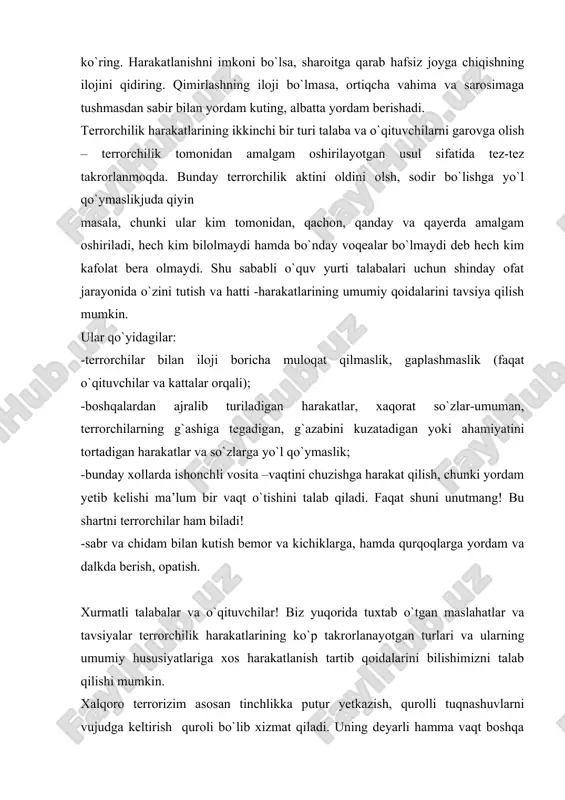 inlanishi terrorizim jinoyatining o`ziga xos jihatini tashkil etadi. chunonchi, mamlakatimizda buzg`unchilik harakatlarini amalgam oshirayotgan terrorchilarning rahbaridan biri bo`lmish toxir yuldoshev xalqaro terrorist usama benladen va amir xattob bilan o`zaro jinoiy til bitiktirib, o`zbekiston respublikasining konstitusiyaviy tizimiga qarshi jixod e’lon qildilar. shu munosabat bilan, xalqaro munosabatlarni chigallashtirish, urush chiqarish uchun ig`vo qilish va o`zbekiston respublikasidagi vaziyatni barqarorlashtirish maqsadida afg`onistonning ba’zi bir hududlarida o`zbekistondan qochgan jinoiy unsurlardan iborat harbiy uyushmalar tuzdilar. terrorizim xalqaro huquqning davlat suverenitetini xurmat qilish, mamlakatning ichki ishlariga aralashmaslik, inson huquqlarini hurmat qilish kabi aossiy prinsiplariga zid harakatlardir. ushbu prinsiplarga asosan, uning barcha shakillari batamom taqiqlanishi kerak. o`zbekiston respublikasi davlatlar va ularning vakillari yuritayotgan diplomatic faoliyatni, transport aloqalarini, xalqaro aloqalar va muzokaralar jarayonini buzadigan har qanday terrorchilik harakatlariga uta hafli jinoyat deb qaragan va doimo qarshi bo`lgan. amaliyotning kursatishicha, xalqaro terrorizim bilan bir qatorda davlat ichidagi terrorizimning ham xilma-xil turlari mavjud bo`lib, ularning kriminologik nuqtai nazardan, u yuz beradigan …