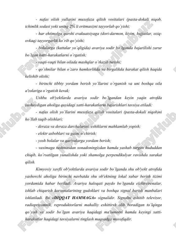 h; - nafas olishni yaxshilash uchun nashatir spirti hidlatish; - nafas olish buzilgan bo`lsa «og`izdan-og`izga» usuli bilan sun'iy nafas oldirish va tashqaridan yurakni massaj qilish; - nafas olish yo`llarini va boshqa joylarni 2% ichimlik sodasining eritmasi bilan yaxshilab yuvib tashlash; - jabrlanganga issiq sut bеrish hamda unga issiq joy va tinch sharoit yaratib bеrish kеrak. ammiak bilan zaharlanaganda: - jabrlanganni toza havoga olib chiqish; - ko`zlari, nafas olish yullari va badaninig ochiq joylarini yaxshilab yuvib tashlash; - tomoqda bug`ilish sodir bo`lsa, bo`yinga gorchichnik, isituvchi komprеss yoki oyoqqa vanna qilish kеrak. kimyoviy muhofaza - bu ktzm (kuchli ta'sirchan zaharli moddalar)ning (zaharlovchi moddalarning) aholiga, fuqaro muhofazasi kuchlariga va xalq xo`jaligi inshootlari xodimlariga zararli ta'siri oldini olishga yoki uni imkoni bor darajada kamaytirishga qaratilgan tadbirlar komplеksi.
