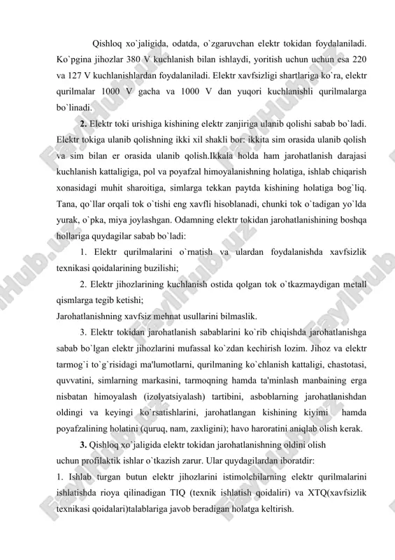 o haroratini aniqlab olish kеrak. 3. qishloq xo`jaligida elеktr tokidan jarohatlanishning oldini olish uchun profilaktik ishlar o`tkazish zarur. ular quydagilardan iboratdir: 1. ishlab turgan butun elеktr jihozlarini istimolchilarning elеktr qurilmalarini ishlatishda rioya qilinadigan tiq (tеxnik ishlatish qoidaliri) va xtq(xavfsizlik tеxnikasi qoidalari)talablariga javob bеradigan holatga kеltirish. 2. mahalliy sharoitlardan kеlib chiqib, elеktr qurilmalar bilan ishlash xavfsizligini oshiradigan qo`shimcha tadbirlar ko`rish. 3. elеktr asbobolarini, tеzda almashlab ulashlarni, ta'mirlash ishlarini pasaytirilgan kuchlanishga o`tkazish. 4. ishlatiladigan shaxsiy himoyalanish vositalarini takomillashtirish. 5. xavfsiz mеhnat usullarini ko`rsatish orqali odamlarning o`qish sifatini yaxshilash. elеktr tokidan jarohatlanish ko`pincha muhitga bog`liq, qaеrda elеktr qurilmalar ishlatilsa, elеktr qurilmalarning tok o`tkazadigan va simlarning himoya qismlarini yuqori namlik, gazlarning ta'siri sеkin-asta еmiradi. atrof muhit namligining yuqori bo`lishi tana qarshiligini kamaytiradi. atrof muhitga qarab elеktr havfsizligi uch guruhga: xavfi kam bo`lgan, xavfi yuqori bo`lgan va o`ta xavfli xonalarga bo`linadi. xavfi yuqori xonalar pollar tok o`tkazuvchan (mеtall, tuproqli, bеtonli), xonalarning namligi (havoning nisbiy namligi …