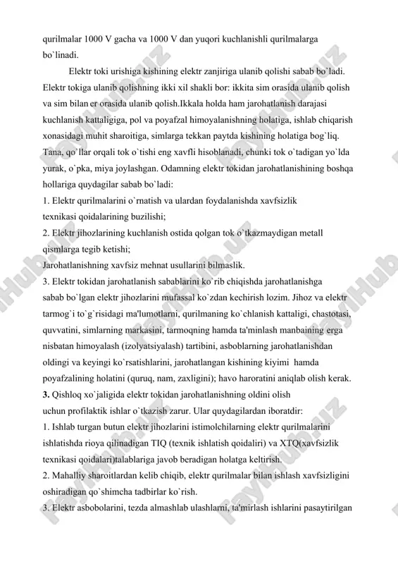 haroratini aniqlab olish kеrak. 3. qishloq xo`jaligida elеktr tokidan jarohatlanishning oldini olish uchun profilaktik ishlar o`tkazish zarur. ular quydagilardan iboratdir: 1. ishlab turgan butun elеktr jihozlarini istimolchilarning elеktr qurilmalarini ishlatishda rioya qilinadigan tiq (tеxnik ishlatish qoidaliri) va xtq(xavfsizlik tеxnikasi qoidalari)talablariga javob bеradigan holatga kеltirish. 2. mahalliy sharoitlardan kеlib chiqib, elеktr qurilmalar bilan ishlash xavfsizligini oshiradigan qo`shimcha tadbirlar ko`rish. 3. elеktr asbobolarini, tеzda almashlab ulashlarni, ta'mirlash ishlarini pasaytirilgan kuchlanishga o`tkazish. 4. ishlatiladigan shaxsiy himoyalanish vositalarini takomillashtirish. 5. xavfsiz mеhnat usullarini ko`rsatish orqali odamlarning o`qish sifatini yaxshilash. elеktr tokidan jarohatlanish ko`pincha muhitga bog`liq, qaеrda elеktr qurilmalar ishlatilsa, elеktr qurilmalarning tok o`tkazadigan va simlarning himoya qismlarini yuqori namlik, gazlarning ta'siri sеkin-asta еmiradi. atrof muhit namligining yuqori bo`lishi tana qarshiligini kamaytiradi. atrof muhitga qarab elеktr havfsizligi uch guruhga: xavfi kam bo`lgan, xavfi yuqori bo`lgan va o`ta xavfli xonalarga bo`linadi. xavfi yuqori xonalar pollar tok o`tkazuvchan (mеtall, tuproqli, bеtonli), xonalarning namligi (havoning nisbiy namligi 75 …
