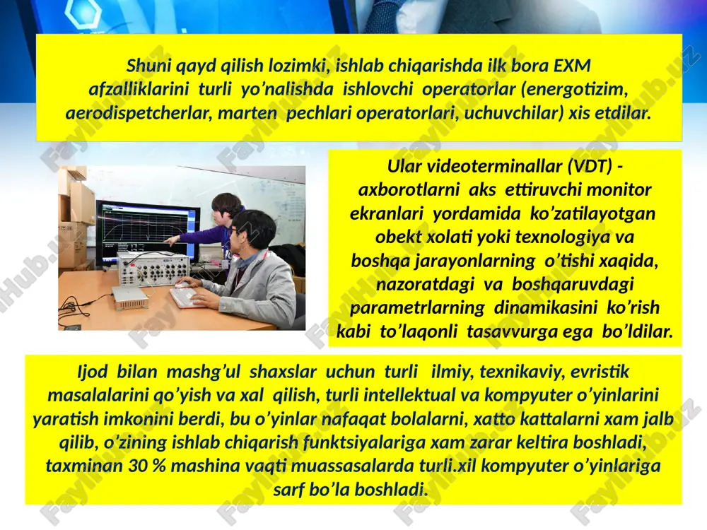 bir keskin tushib ketishiga, demak miyaning qon tomirlariga ortiqcha yuk bo’ladi. lekin bularni e`tibordan qochirmaslik kerak, chunki texnikaning rivoji yaqin orada maxsus dasturlar yordamida begonalarga nafaqat kompyuter "ichidagi bor narsalarni", balki operatorlarning o’zlarini ham nazorat qilishning cheksiz imkoniyatlarini beradi. bu havotirlanish uchinchi ming yillikda ma`lumotlarni qayta ishlash tezligi va idroki bilan insondan qolishmaydigan xk lar paydo bo’lishi bilan bog’liq. ma`lumotlarning guvoxlik berishicha, kuchsiz emm allergiya vaboshqa buzulishlarni, shu jumladan, ko’ngil aynashni, charchashni, bosh og’rig’ini yuzaga keltiradi. xar qanday elektromagnit maydoni organism kataklaridagi natriy va kalsiyni xarakatlanishiga ta`sir etuvchi rezonans effektini yuzaga keltirishga qodirdir. qat`iy xavf birinchi navbatda past chastotali magnit maydonlardan, avvalambor sanoat chastotadagisidan kelib chiqadi. bir qator izlanishlar tasdiqlashicha, kompyuter yaqin-atrofdagi 30- 50 sm radiusda 50 gs chastotali magnit maydoni xatto 0,2- 0,3 a/m intensivlikda xam yomon sifatli xususan qon va miya, kasalliklarni paydo bo’lishiga sababchi bo’lishi mumkin. foydalanilgan adabiyotlar: 1. qudratov, t.g’aniev, o’. yuldashev, g’.yo. yormatov, n. xabibullaev, …