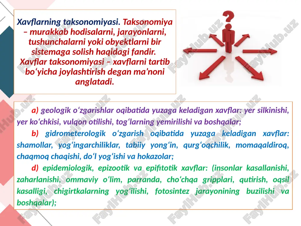 ni bir-biridan vaqt yoki joy jihatdan uzoqlashtirish usuli, bu usulda ishlab chiqarish jarayonini mexanizatsiyalashtirish va avtomatlashtirish, jihoz, uskunalarni masofadan turib boshqarish, robotlarni qo‘llash va boshqa boshqaruv tizimlari orqali amalga oshiriladi. 2. xavfsizlik qoidarini qo‘llab xavflarni bartaraf qilish yoki texnosfera (ishlab chiqarish muhiti)ni normallashtirish hamda texnosfera xarakteristikalarini inson xarakteristikalarini xarakteristikalariga moslashtirishga asoslangan. 3. ish joylaridagi ishlovchilarni himoya vositalari yordamida himoyalashga asoslangan. bunda texnosfera xarakteristikalarini o‘zgartirish uchun har xil himoya vositalri qo‘llaniladi. faoliyat xavfsizligini ta’minlash vositalari. texnosferada ishlovchilarga zararli va xavfli ishlab chiqarish omillarining ta’sirini kamaytirish yoki oldini olish uchun turli maqsadli himoya vositalari qurilmalari qo‘llaniladi. himoya vositlari har bir zararli holat uchun mehnat xavfsizligi talablariga asoslanib qo‘llaniladi. himoya vositalri qo‘lanilish xarakteriga qarab: jamoa himoya vositalari (jhv) va shaxsiy himoya vositalariga (shhv) bo‘linadi. foydalanilgan adabiyotlar: qudratov, t.g’aniev, o’. yuldashev, g’.yo. yormatov, n. xabibullaev, f.d xudoev. «hayot faoliyati xavfsizligi» maruzalar kursi. toshkent 2005 y yuldashev o.r., sapaev sh.m., va boshqalar «hayot faoliyati xavfsizligi» …