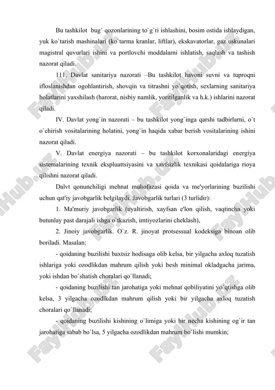 rima to`lanadi. 3. moddiy javobgarlik. qonunsiz ravishda ishdan bo`shatilgan, majburiy ish qoldirgan, kasbiy kasallik tufayli jabrlangan kishiga to`langan haqni rahbar lavozimidagi xodimdan qisman yoki to`liq undirib olish. 3. jarohat – tana a'zolarini va to`qimalarni kutilmagan holatda tashqi ta'sir ostida shikastlanishdir. jarohatlar ikki turli bo`ladi: 1-ishlab chiqarish jarohatlari; 2-maishiy jarohatlar. ishlab chiqarish jarohatlari o`z navbatida - mеxanik (urib olish, kеsilib kеtishi, ezilish va h.k.); - kimyoviy (kimyoviy kuyishlar); - issiqlik (kuyish va muzlatib olish); - elеktrik (elеktr zarbalar); - aralash jarohatlar turlariga bo`linadi. korxonalarda ko`pincha aralash jarohat turlari uchraydi. kasbiy kasalliklar – bular ishlovchi uchun zararli ish sharoitlarining ta'siri natijasida hosil bo`ladi. to`qimachilik, еngil sanoat va tolali matеriallarni dastlabki ishlash (paxta tozalash zavodlari lubzavodlar) korxonalariga taalluqli kasbiy kasalliklar silikoz, pnеvmokonioz, tеri kasalliklari, dеrmatitlar, gidroadеnitlar (ipakchilik korxonalari) va shularga o`xshashlar. zararli ish sharoitlariga tananing ayrim a'zolarining yoki bir guruh mushaklarning uzoq vaqt majburan zo`riqishi, sеx havosiga tarqalib kеtgan zararli moddalarning ta'siri, yoqimsiz …